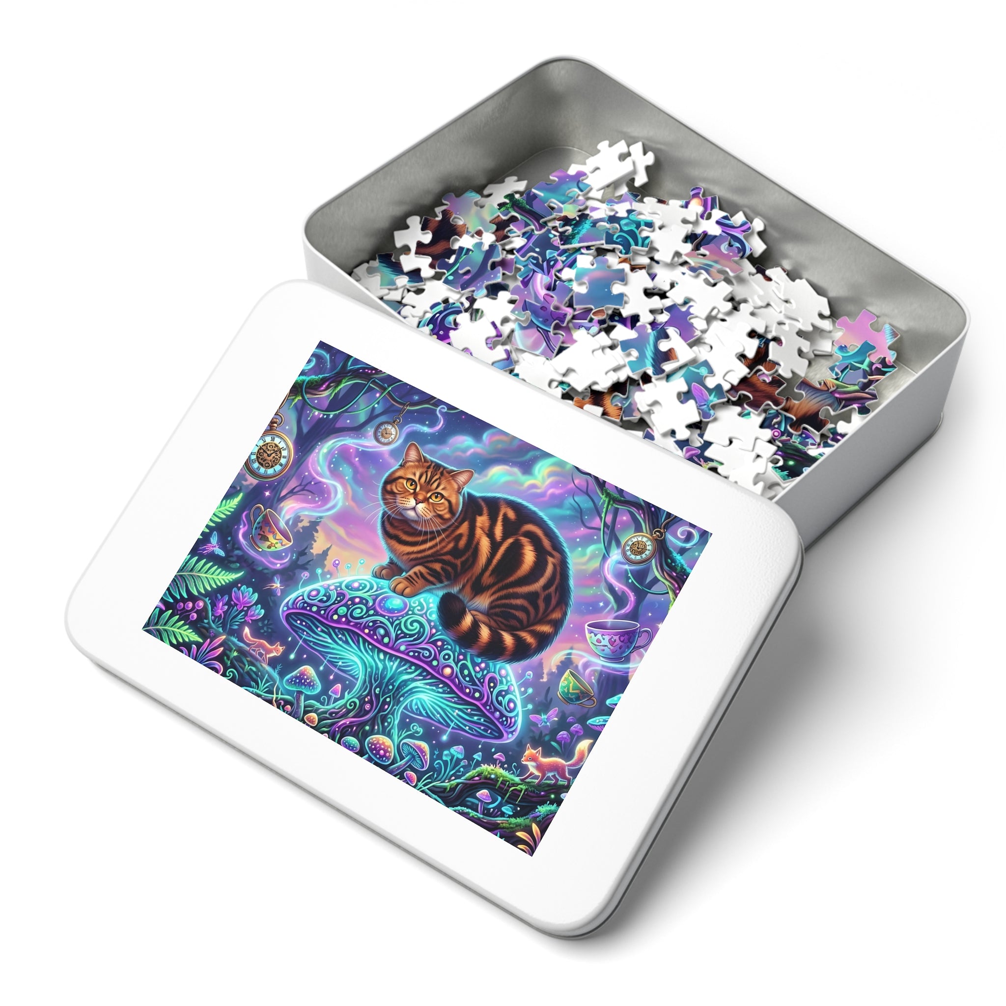 Brown Tabby British Shorthair Mushroom Wonderland Jigsaw Puzzle