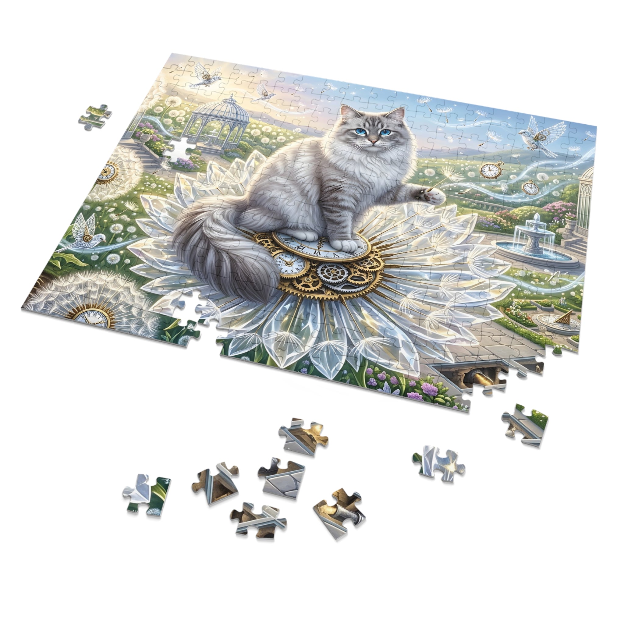 Ragdoll Cat Steampunk Clockwork Dandelion Garden Jigsaw Puzzle