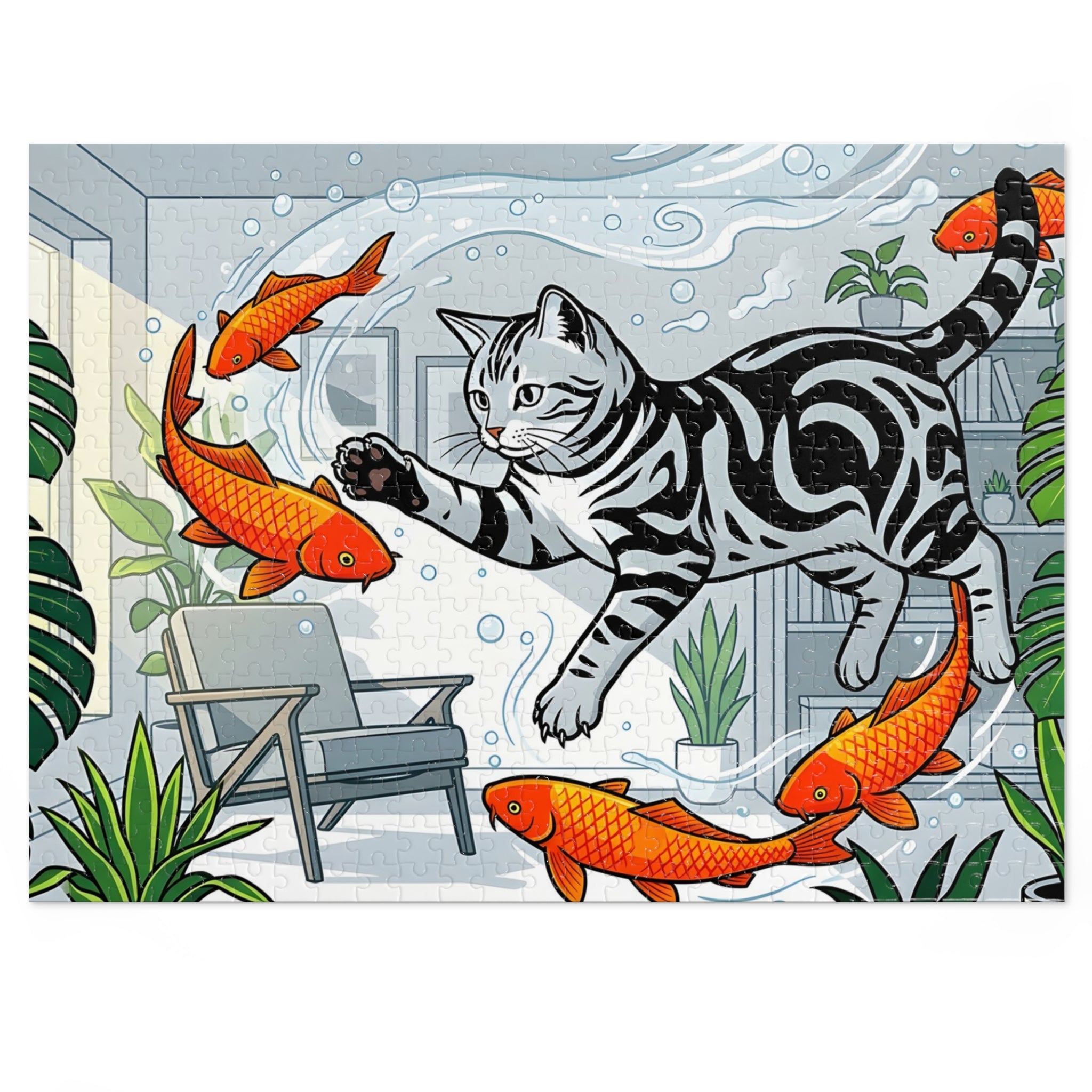 Silver Tabby American Shorthair Flying Goldfish Room Jigsaw Puzzle