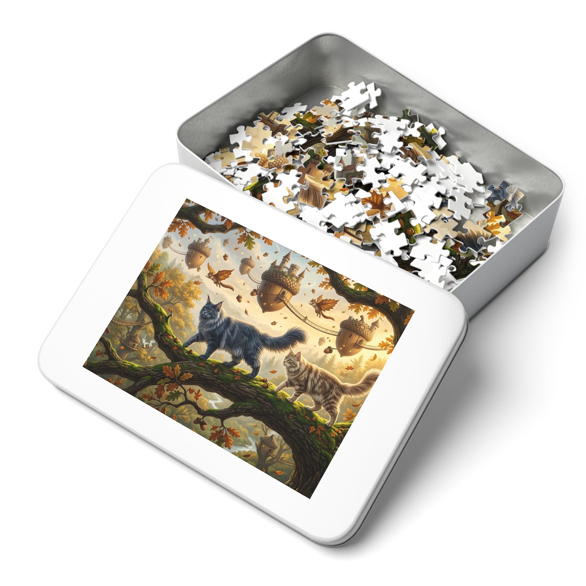 Maine Coon Cat Acorn Castle Floating Village Autumn Oak Tree Jigsaw Puzzle