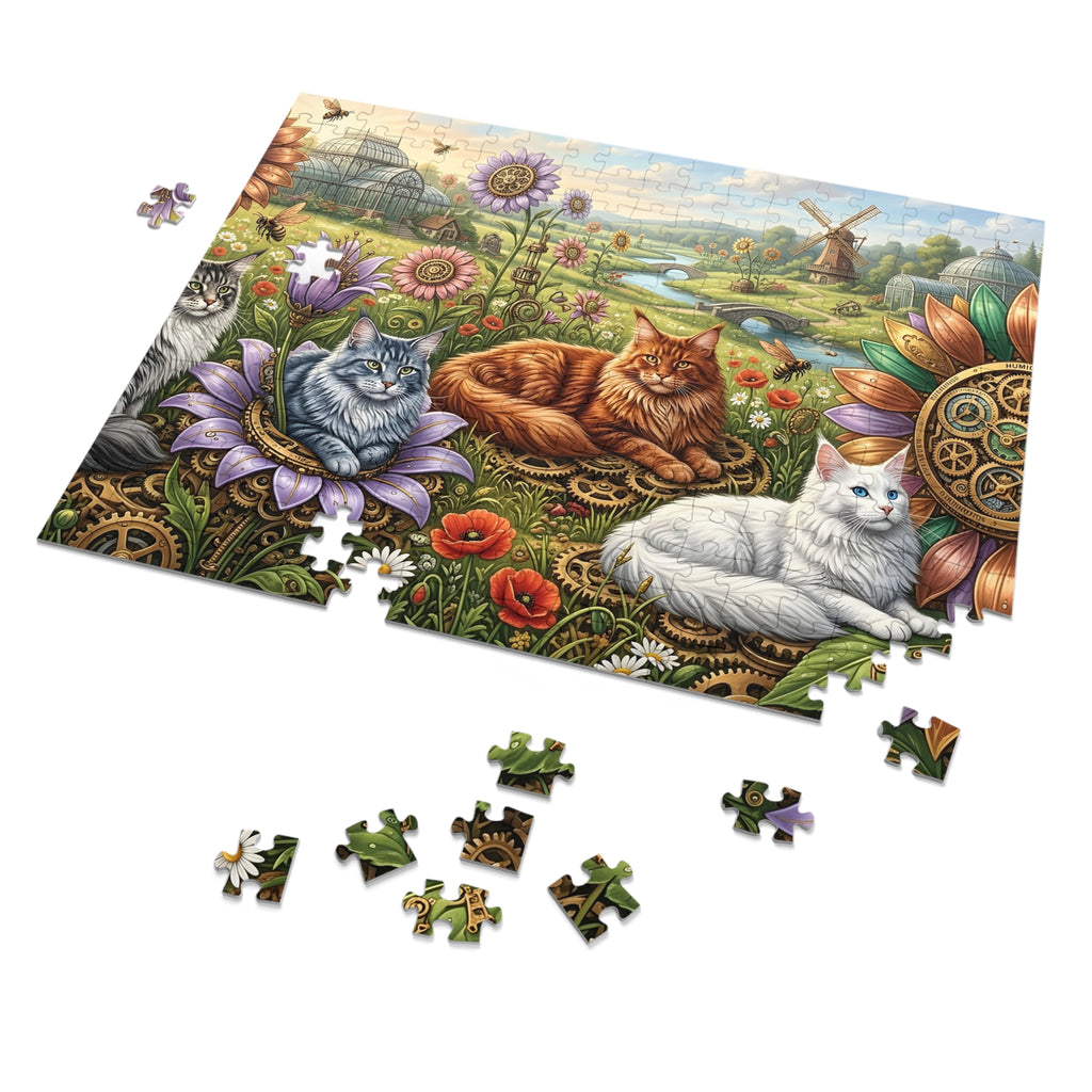 Maine Coon Cat Steampunk Botanical Garden Greenhouse Windmill Jigsaw Puzzle