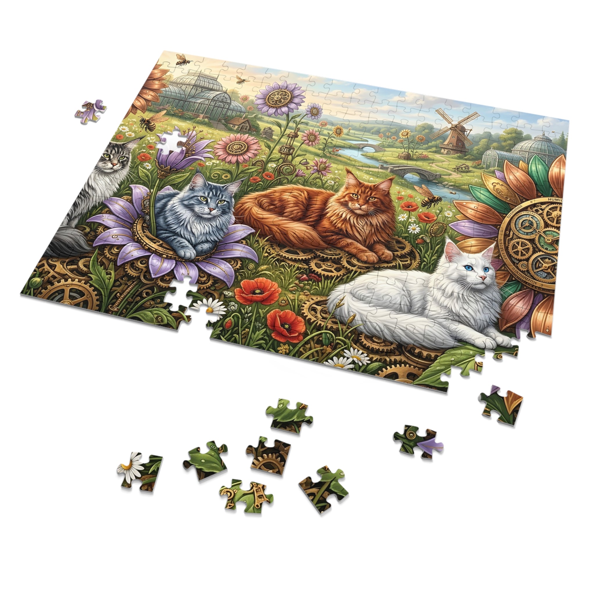 Maine Coon Cat Steampunk Botanical Garden Greenhouse Windmill Jigsaw Puzzle