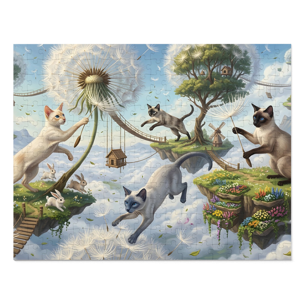 Siamese Cat Floating Dandelion Sky Island Jigsaw Puzzle