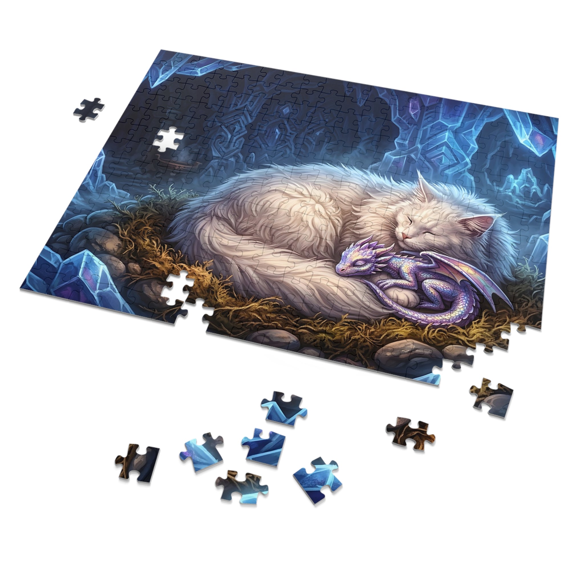 White Maine Coon Sleeping Baby Dragon Crystal Cave Jigsaw Puzzle