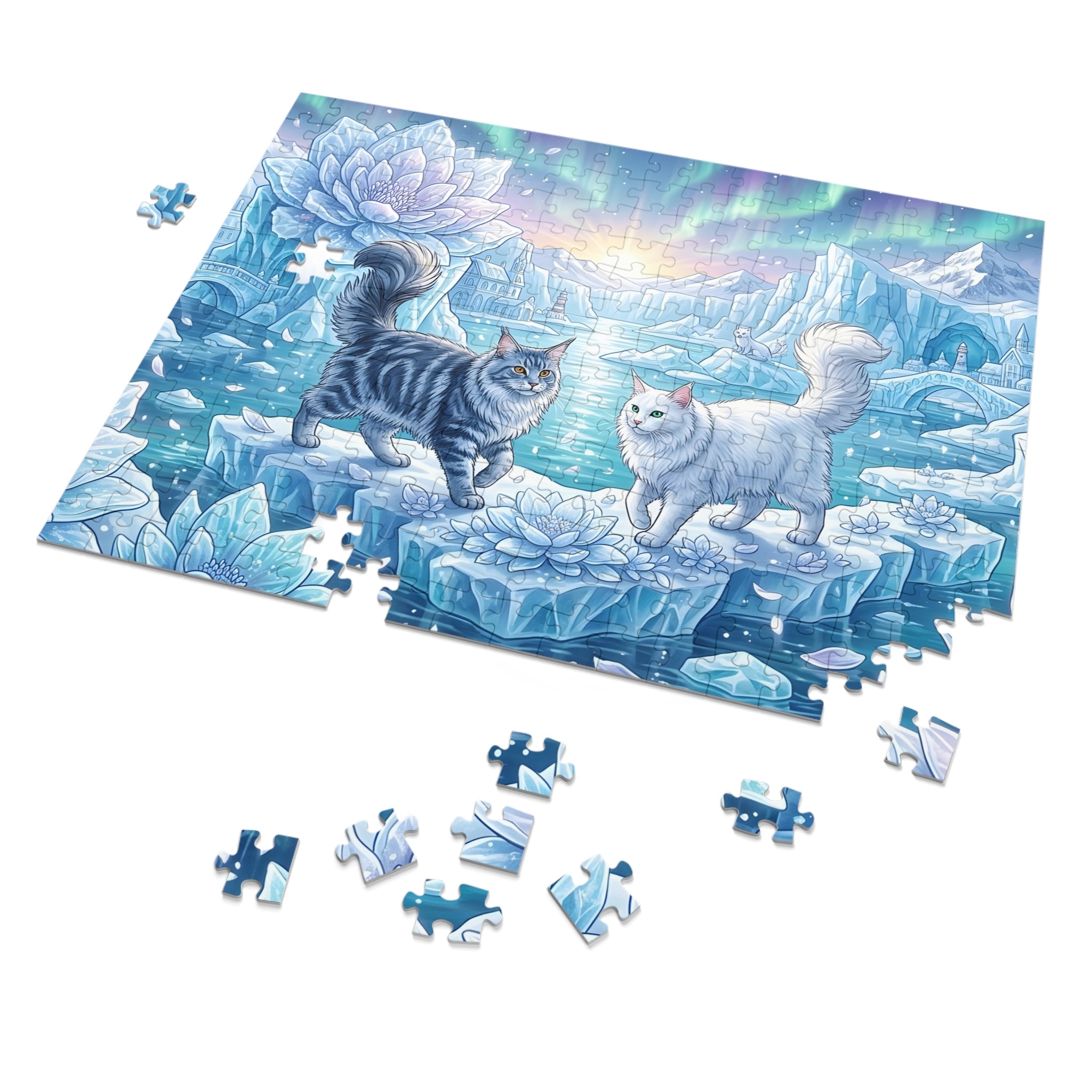 Maine Coon Cat Ice Lotus Aurora Northern Lights Arctic Iceberg Jigsaw Puzzle