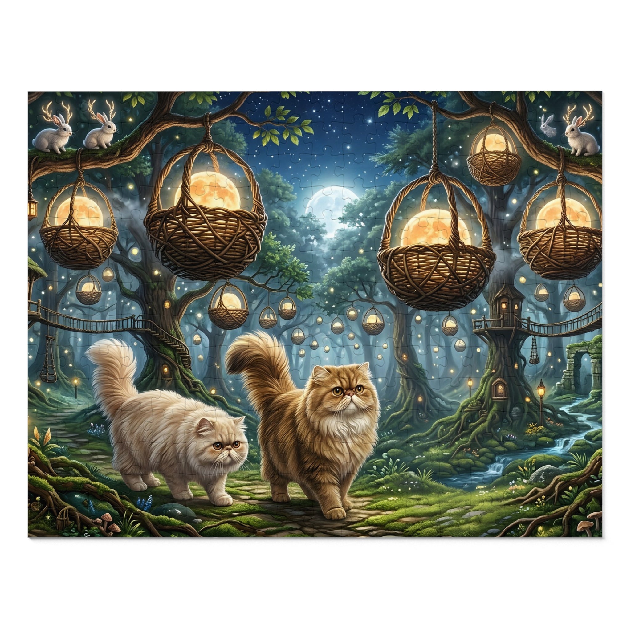 Persian Cat Enchanted Forest Moon Basket Lanterns Jigsaw Puzzle