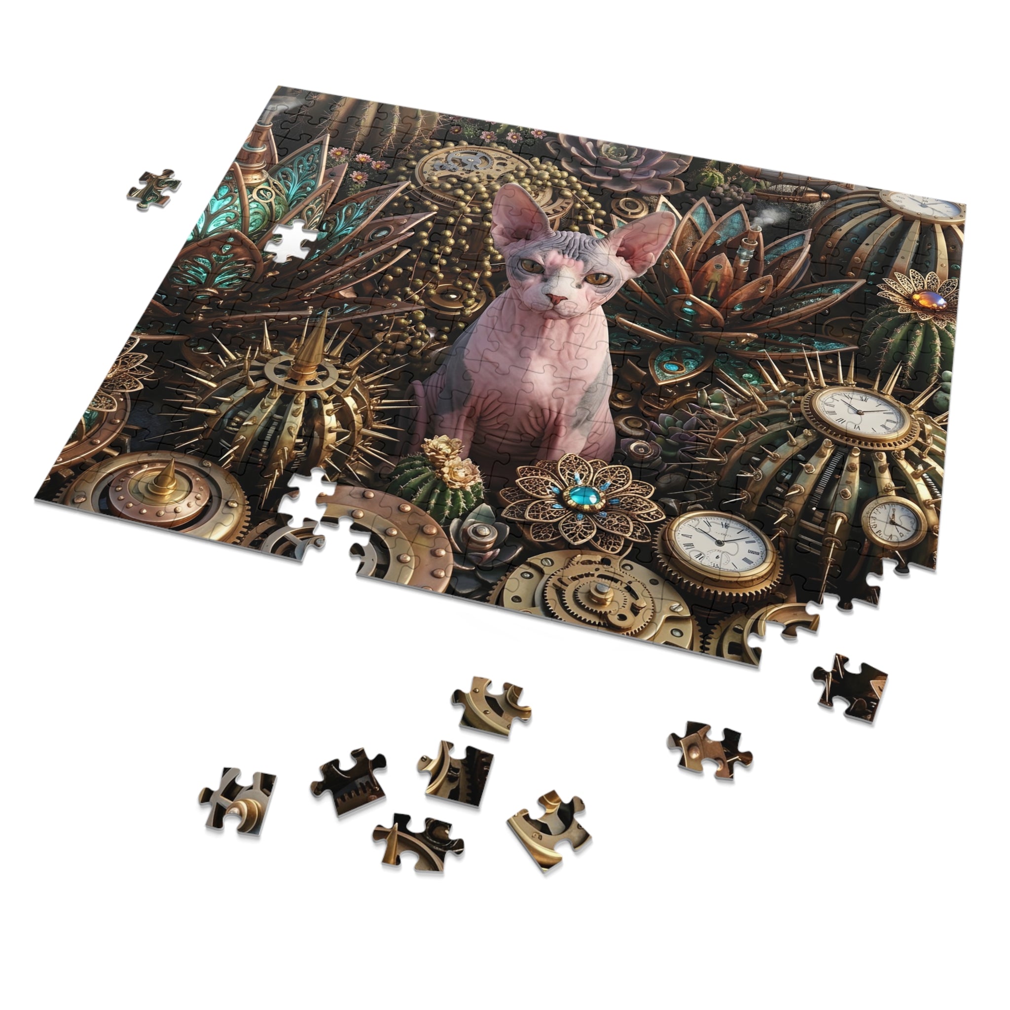 Pink and Grey Sphynx Steampunk Steampow Succulents Jigsaw Puzzle