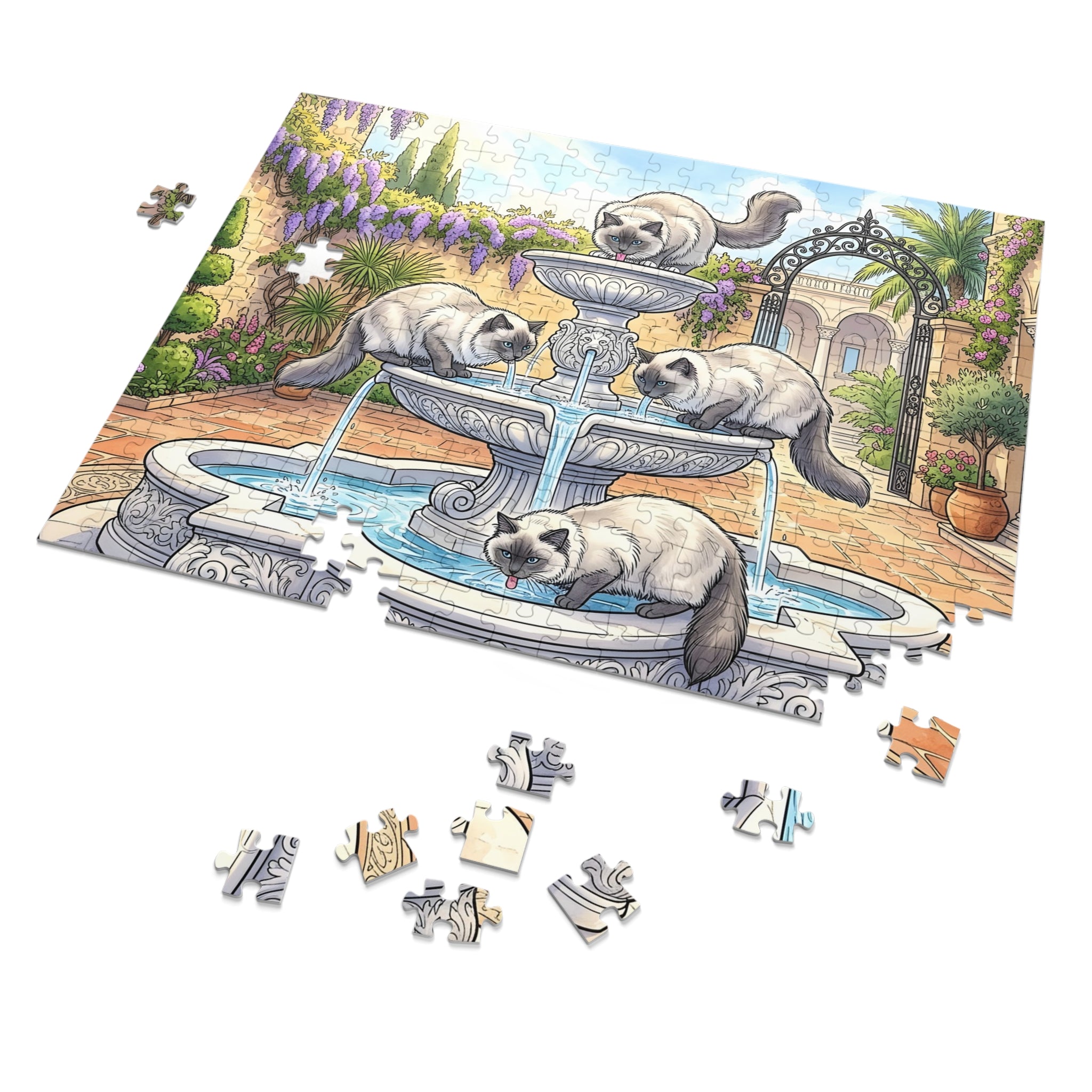 Ragdoll Cats Garden Water Fountain Jigsaw Puzzle