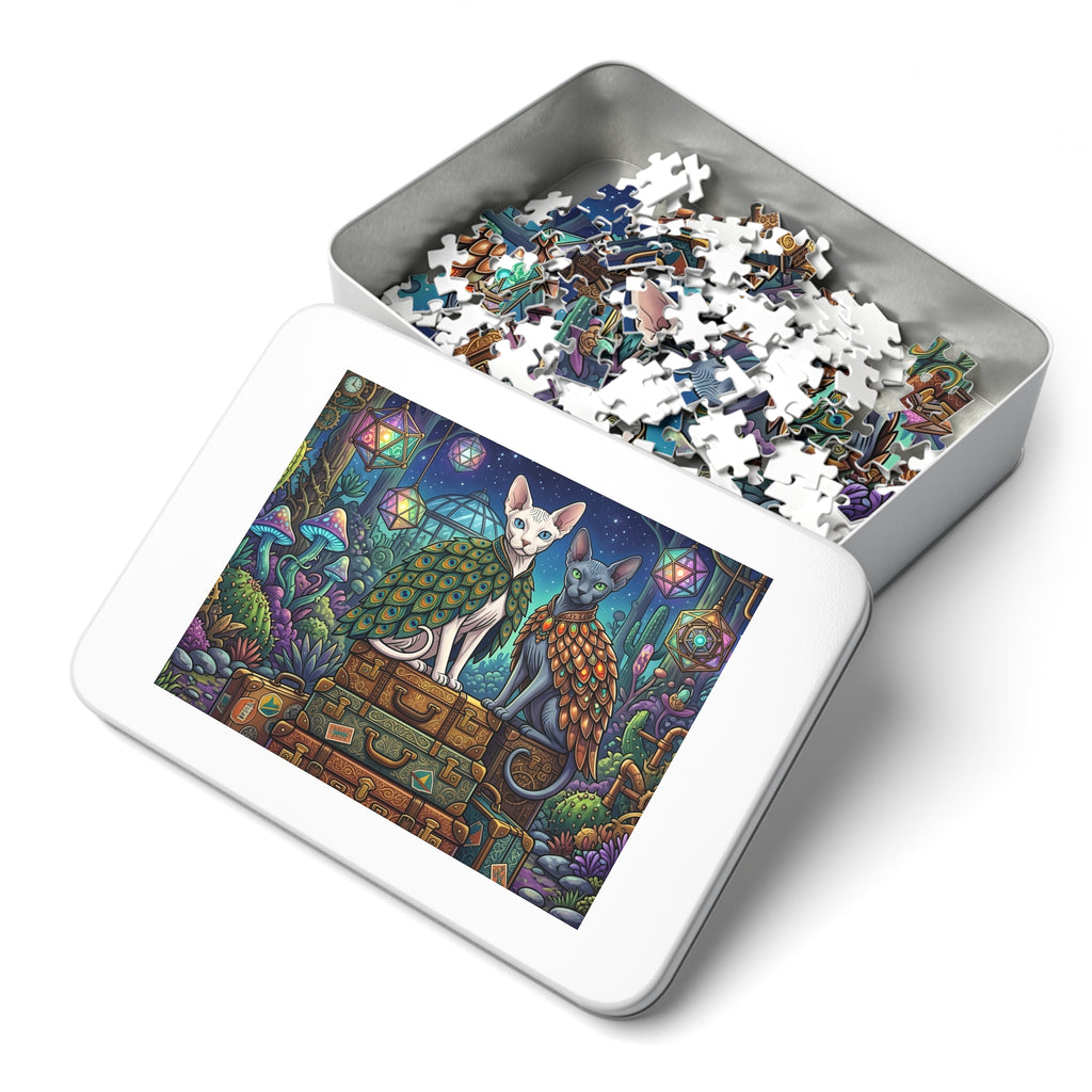 White and Grey Sphynx Peacock Feather Capes Suitcases Jigsaw Puzzle