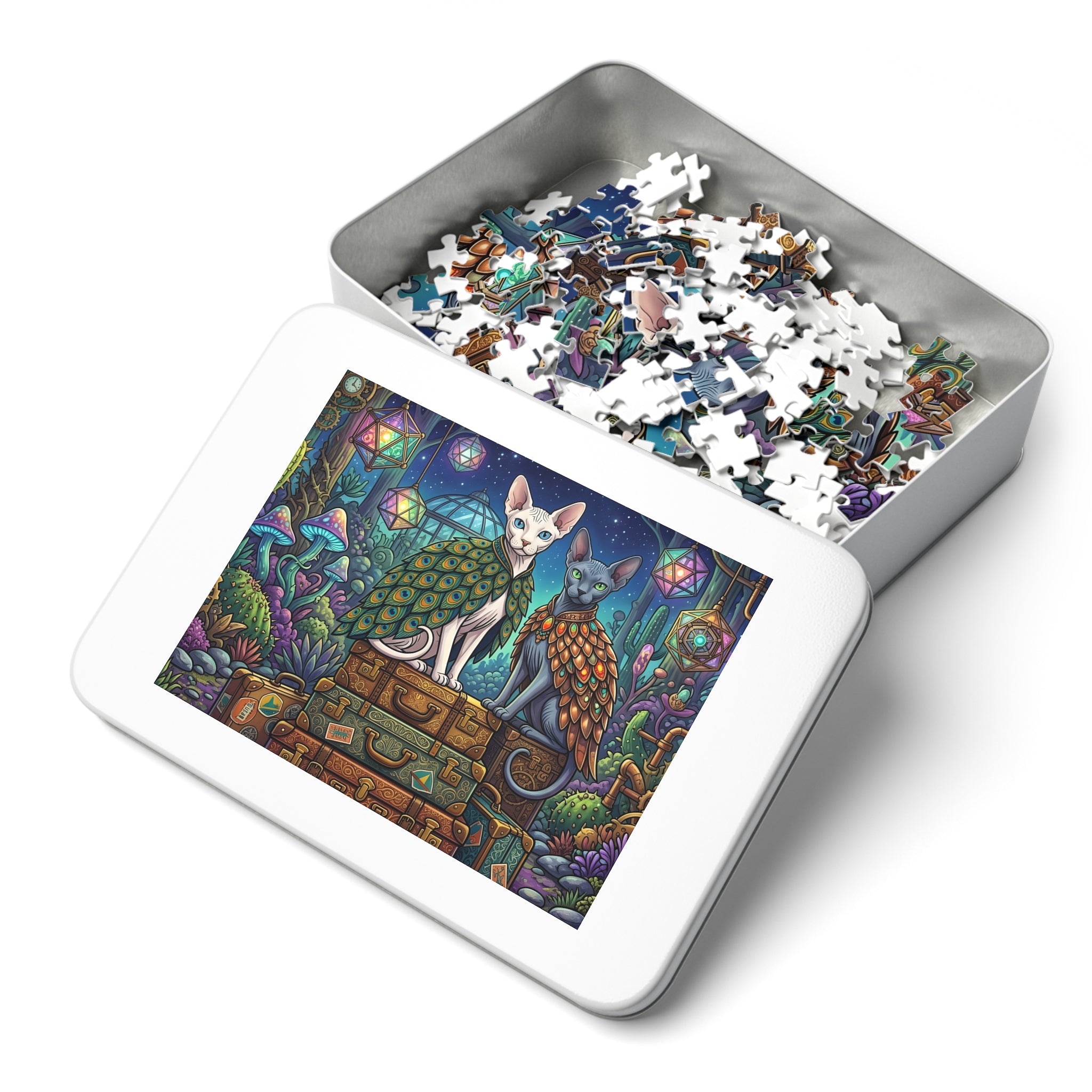 White and Grey Sphynx Peacock Feather Capes Suitcases Jigsaw Puzzle