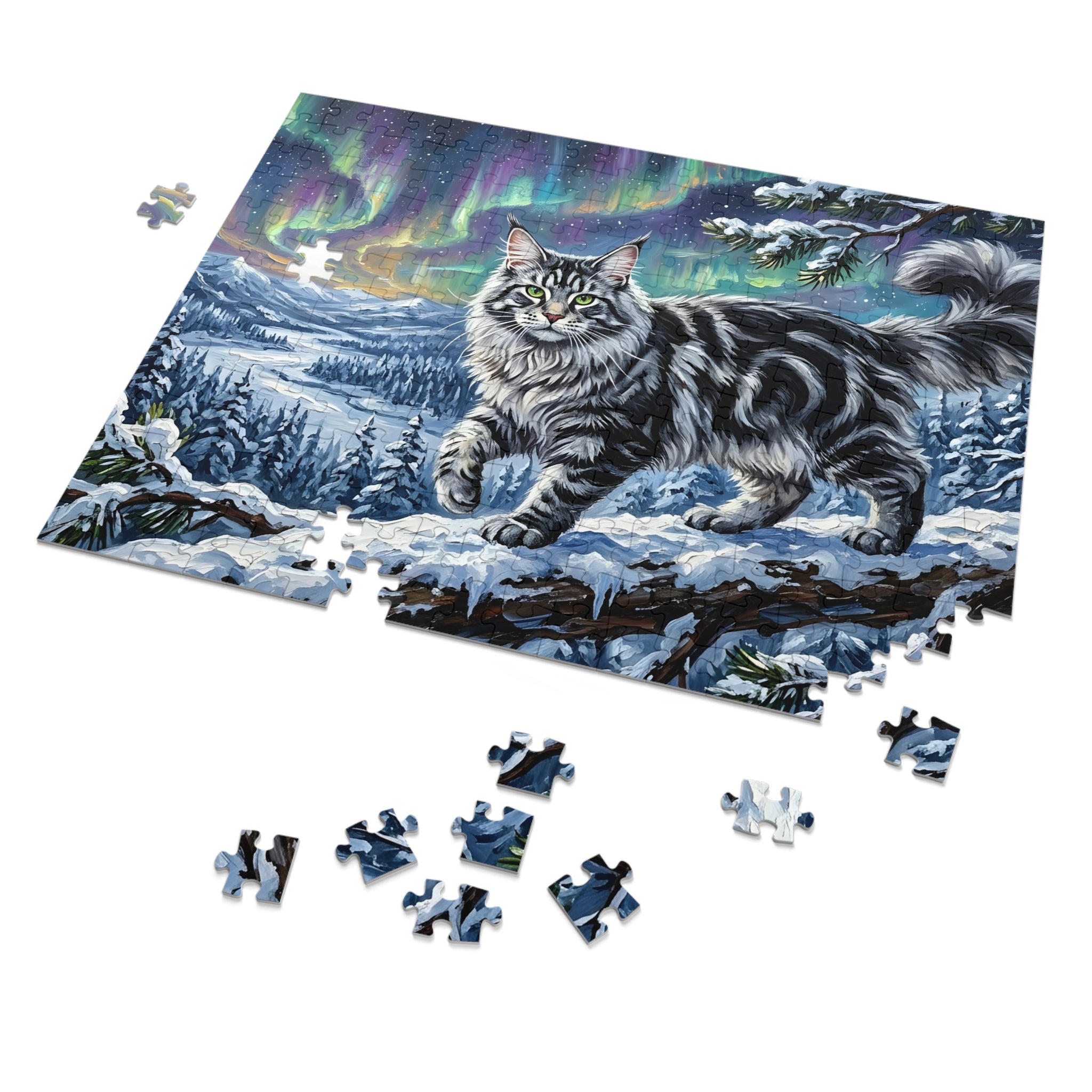 Silver Tabby Maine Coon Northern Lights Snowy Winter Jigsaw Puzzle