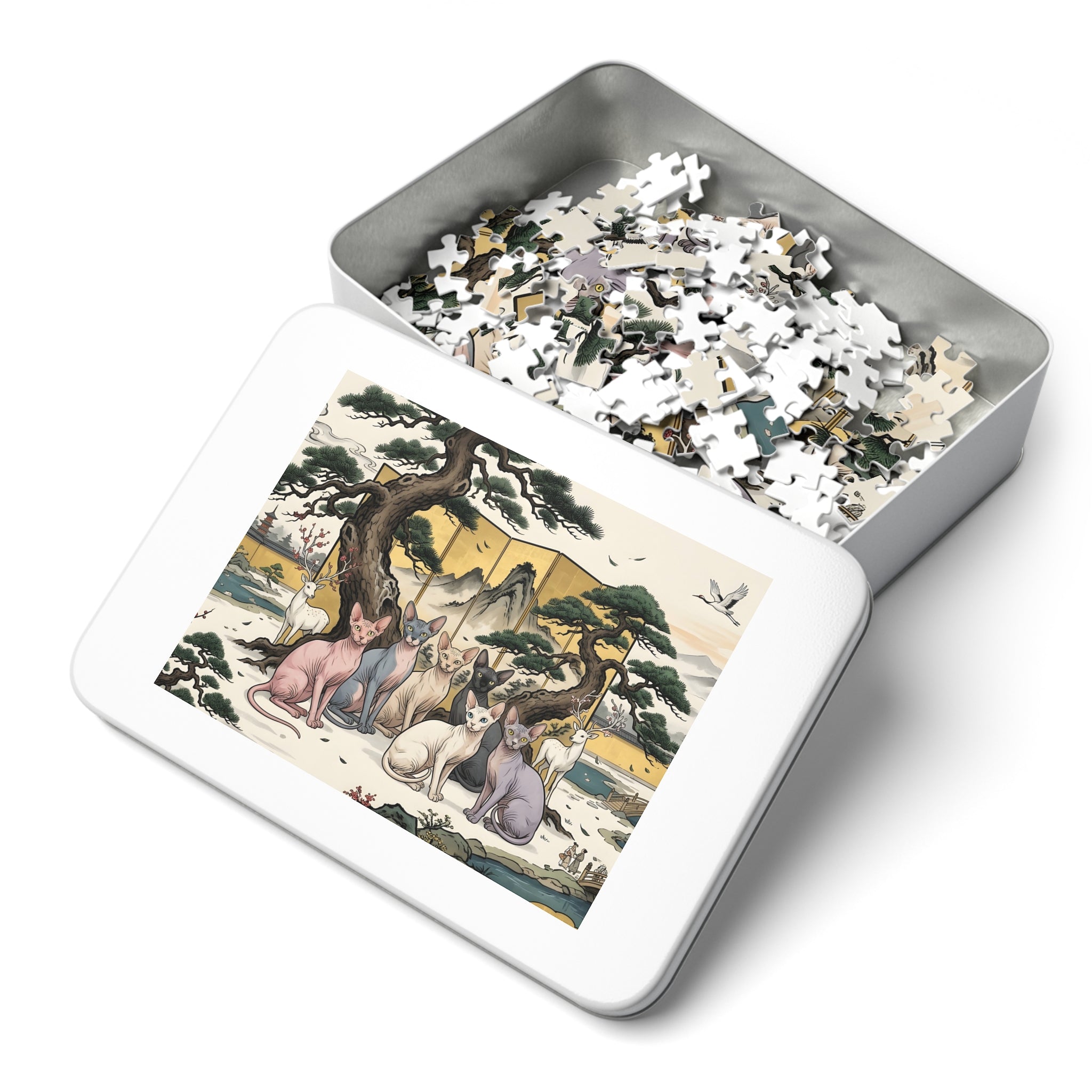 Sphynx Cat Japanese Gold Screen Pine Tree Jigsaw Puzzle