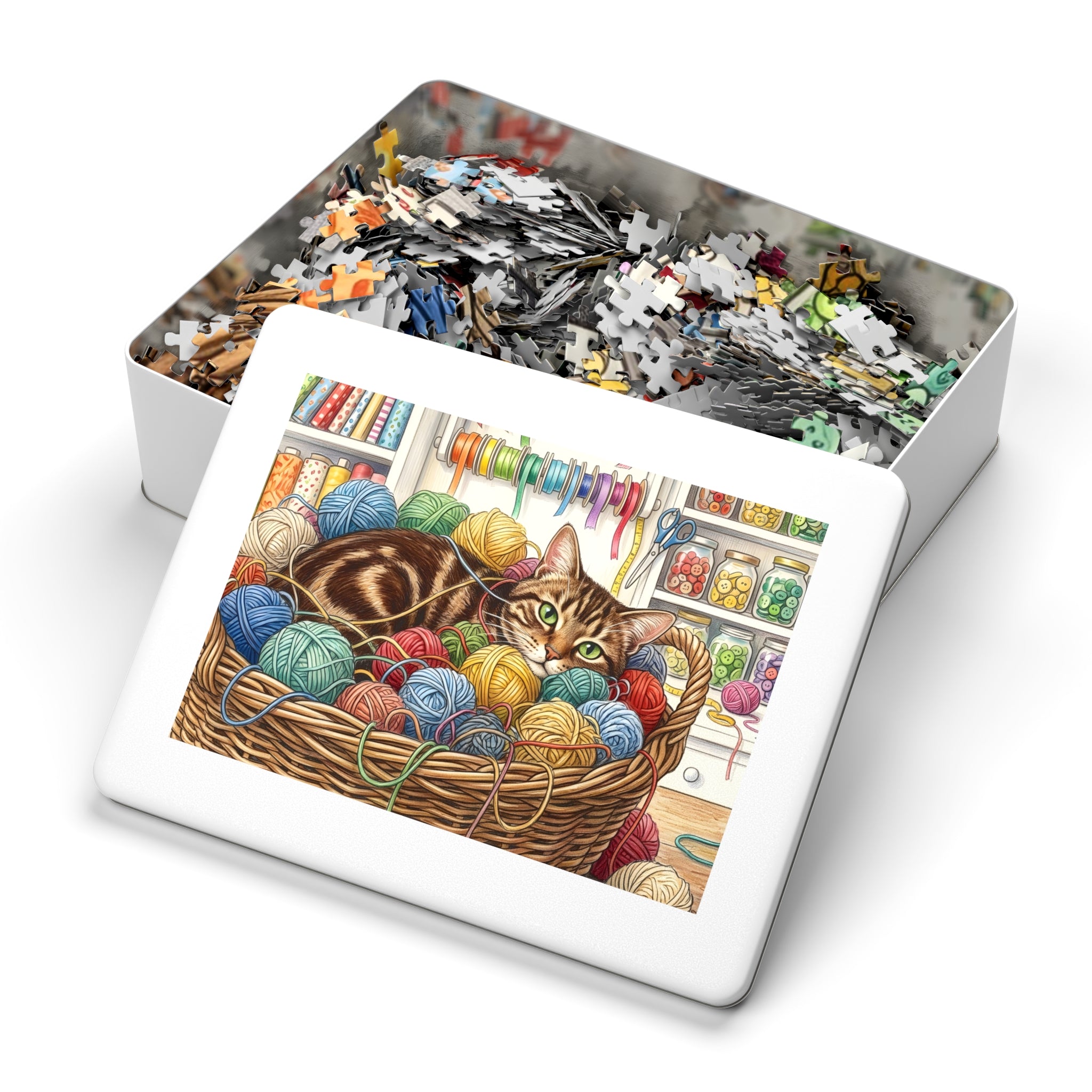 Brown Tabby American Shorthair Yarn Basket Craft Room Jigsaw Puzzle