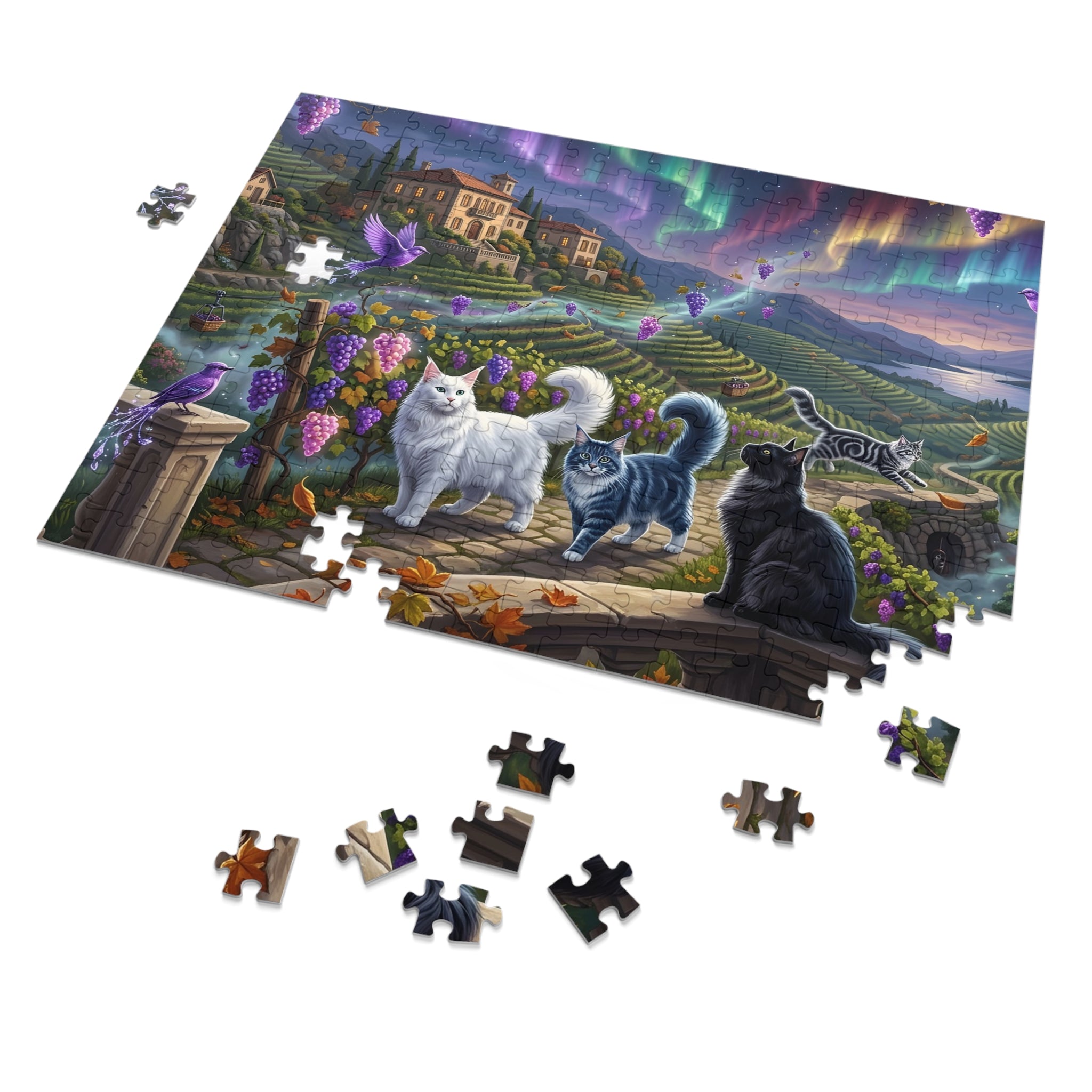 Maine Coon Cat Tuscan Vineyard Northern Lights Grape Harvest Jigsaw Puzzle
