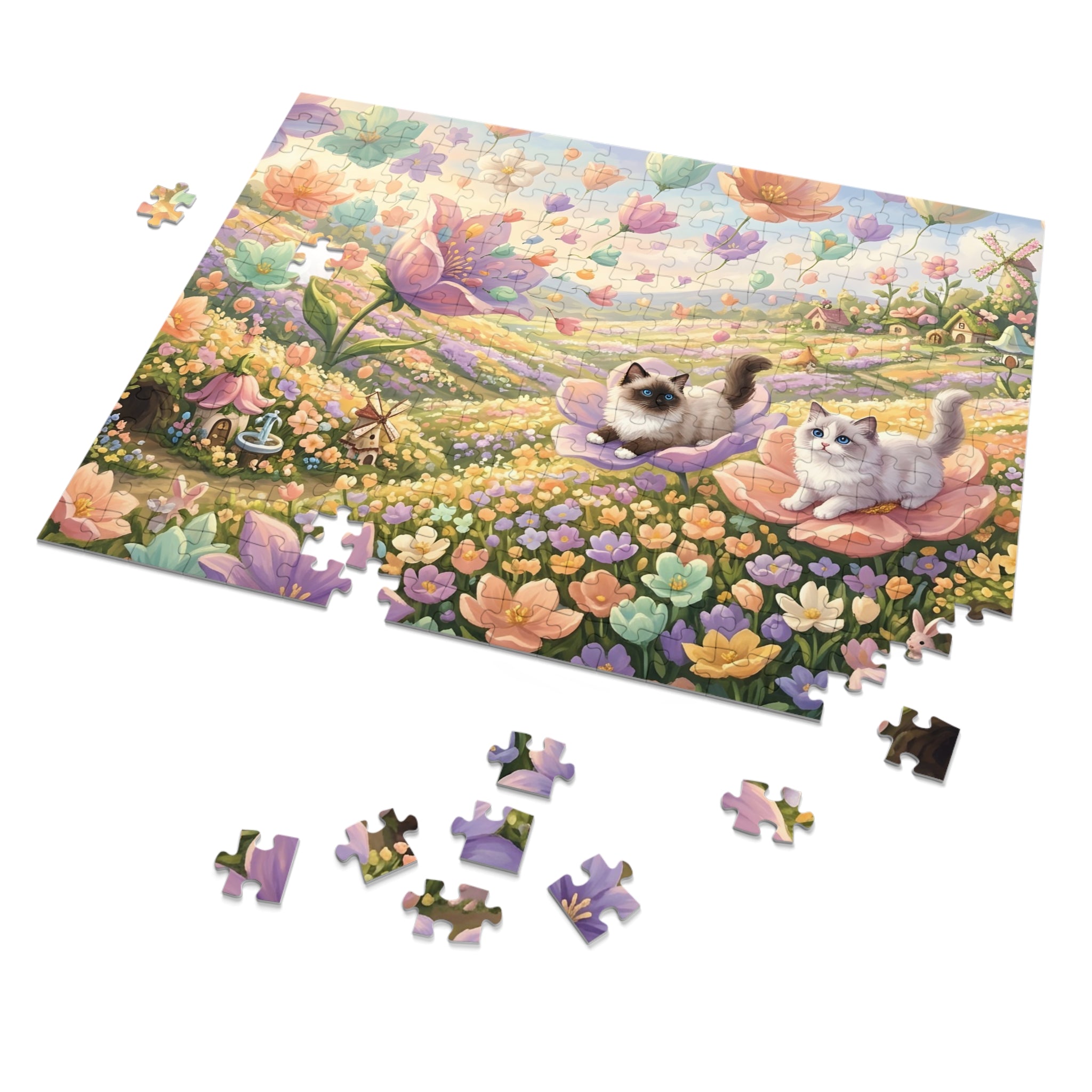 Ragdoll Kitten Pastel Floating Flower Meadow Jigsaw Puzzle
