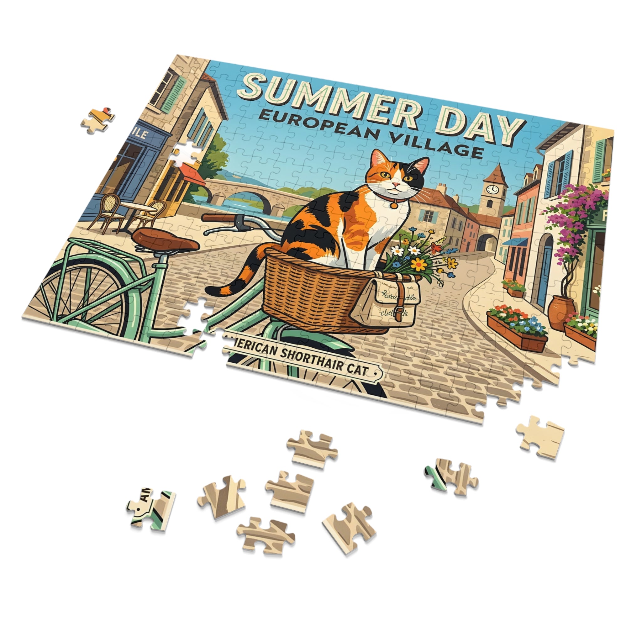 Calico American Shorthair Summer Day European Village Jigsaw Puzzle