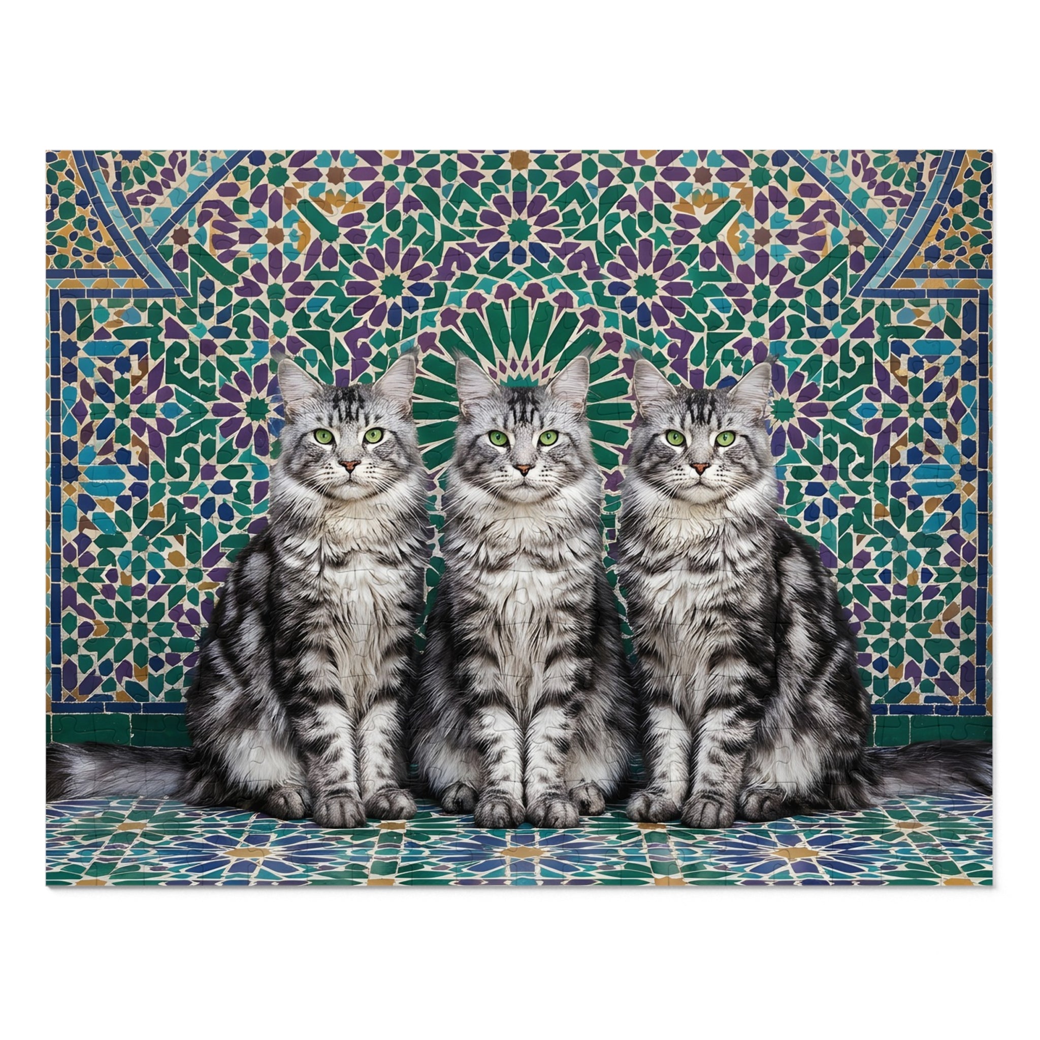Silver Tabby Maine Coon Moroccan Mosaic Tile Jigsaw Puzzle