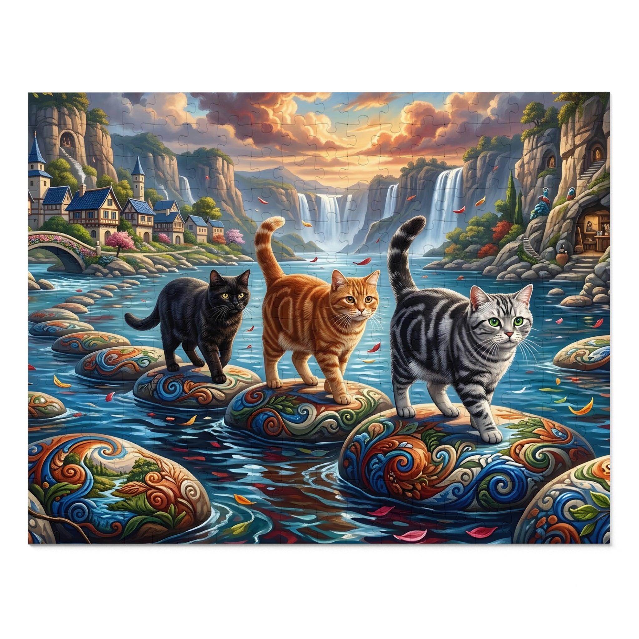 American Shorthair Cat Mosaic Stepping Stone River Waterfalls Jigsaw Puzzle