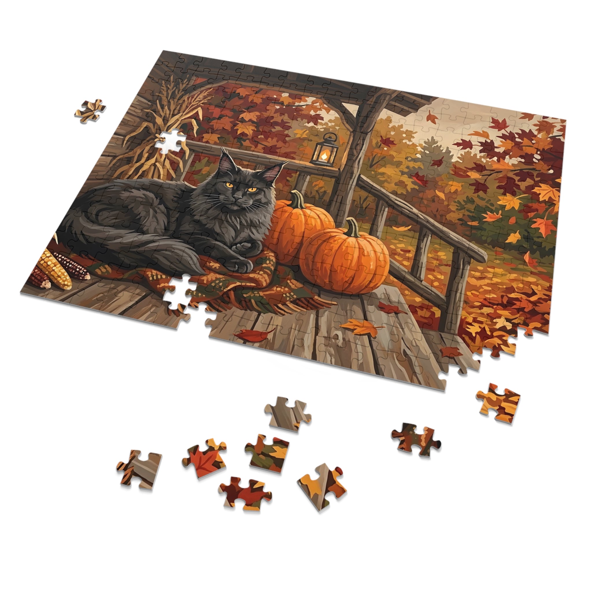 Black Maine Coon Autumn Porch Pumpkins Jigsaw Puzzle