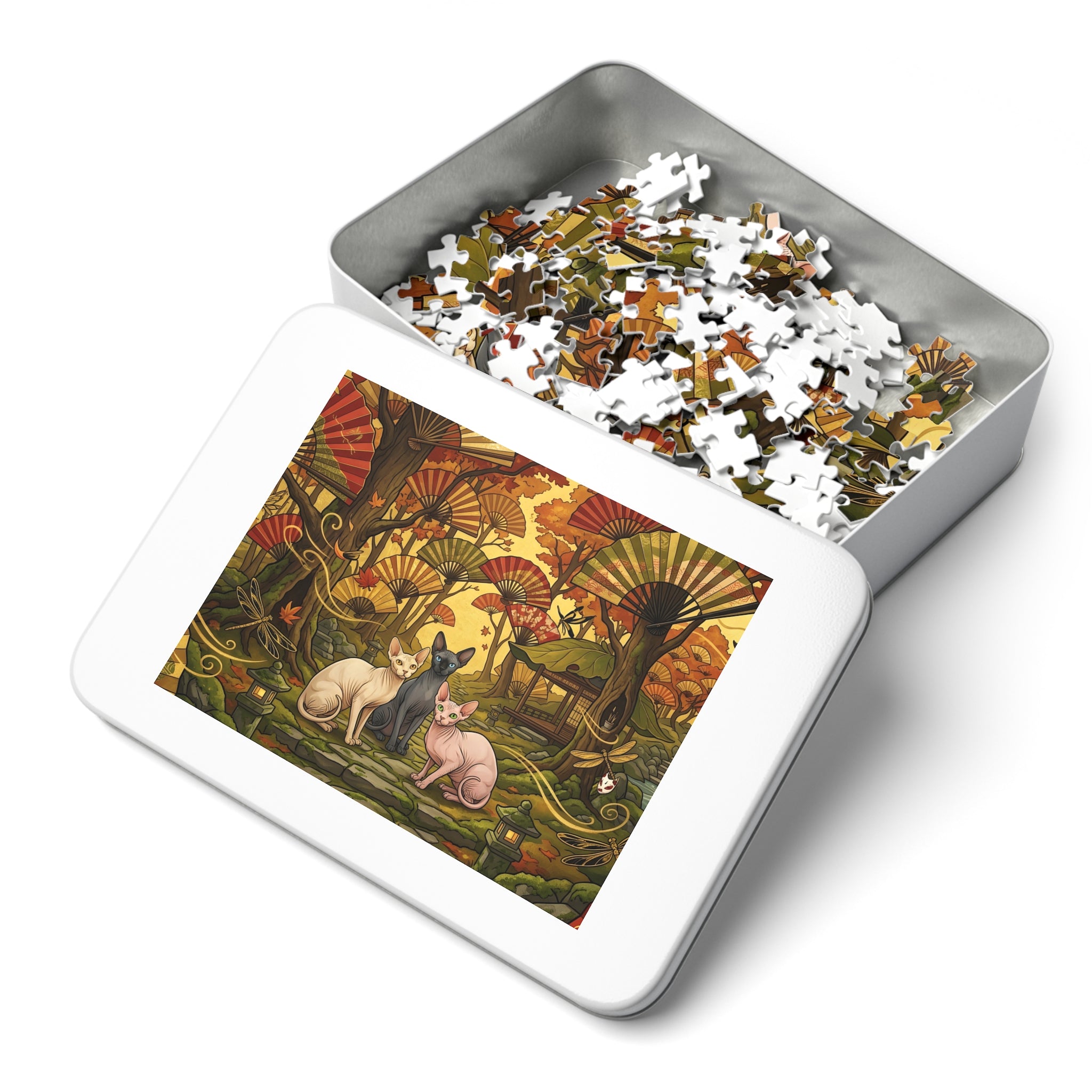 Sphynx Cat Japanese Fan Forest Autumn Dragonfly Jigsaw Puzzle