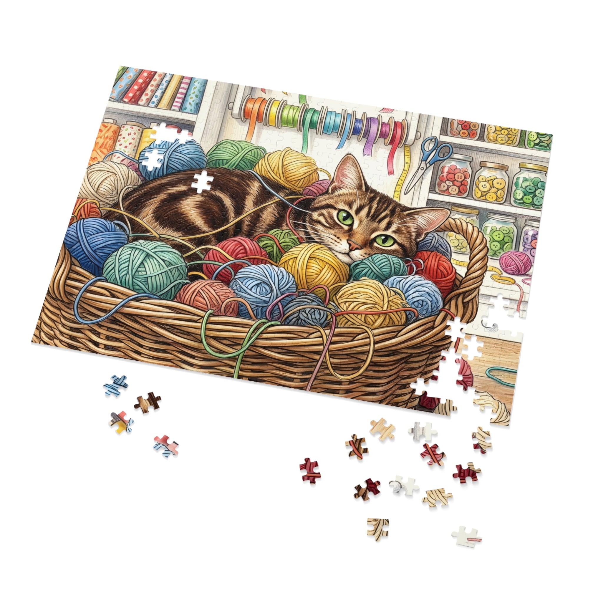 Brown Tabby American Shorthair Yarn Basket Craft Room Jigsaw Puzzle