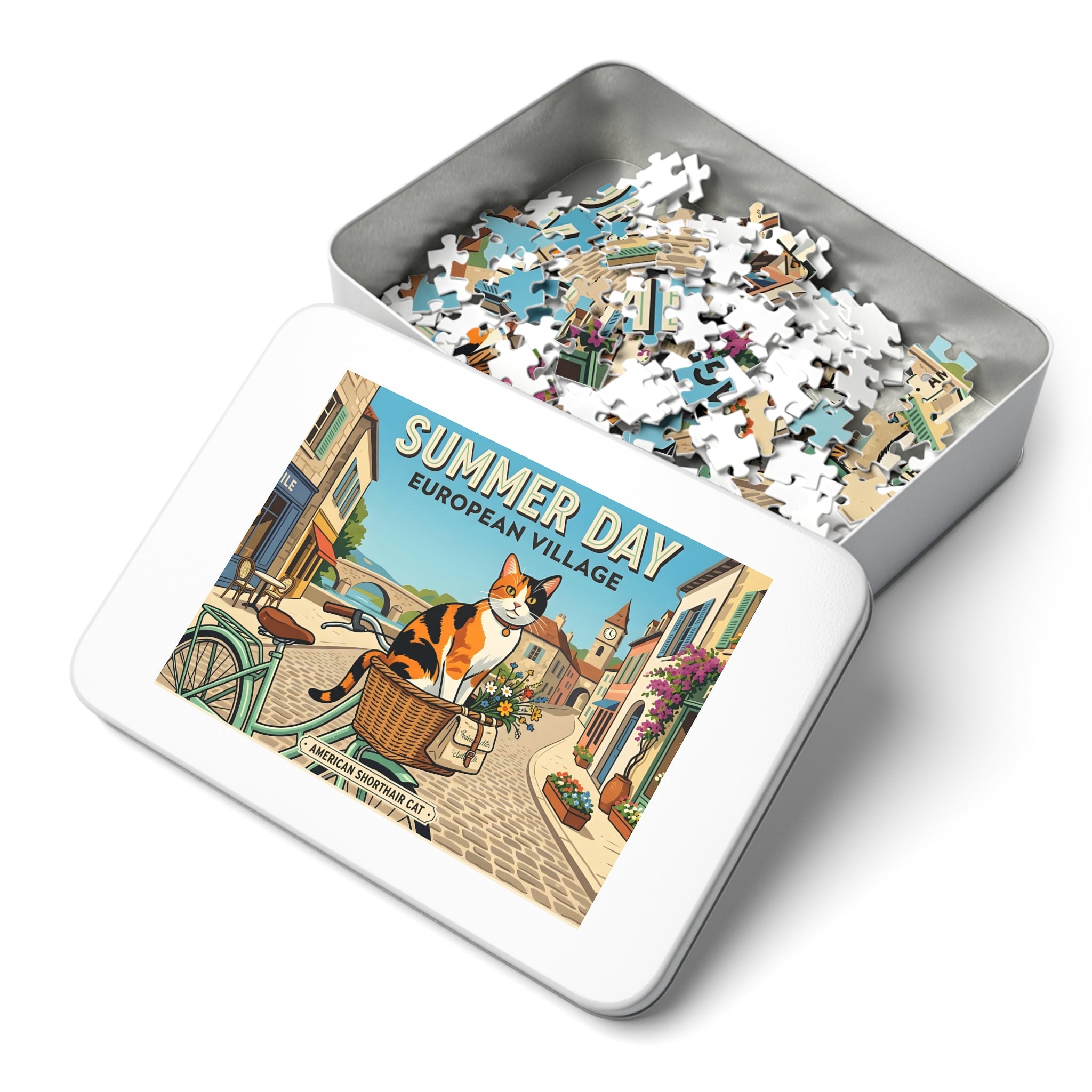 Calico American Shorthair Summer Day European Village Jigsaw Puzzle