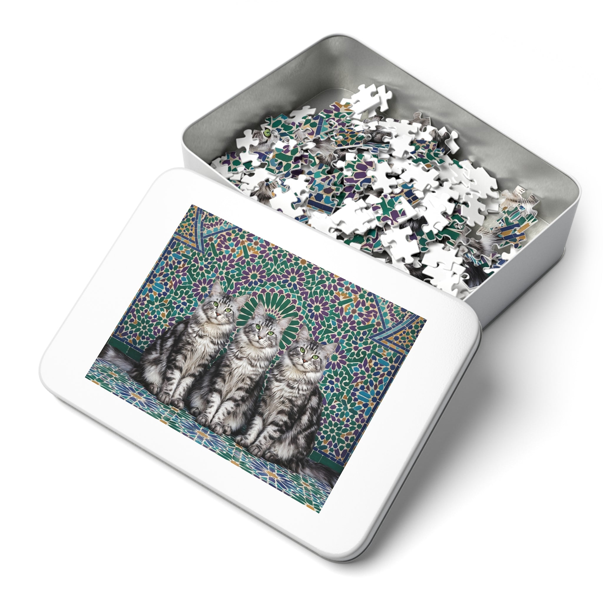 Silver Tabby Maine Coon Moroccan Mosaic Tile Jigsaw Puzzle