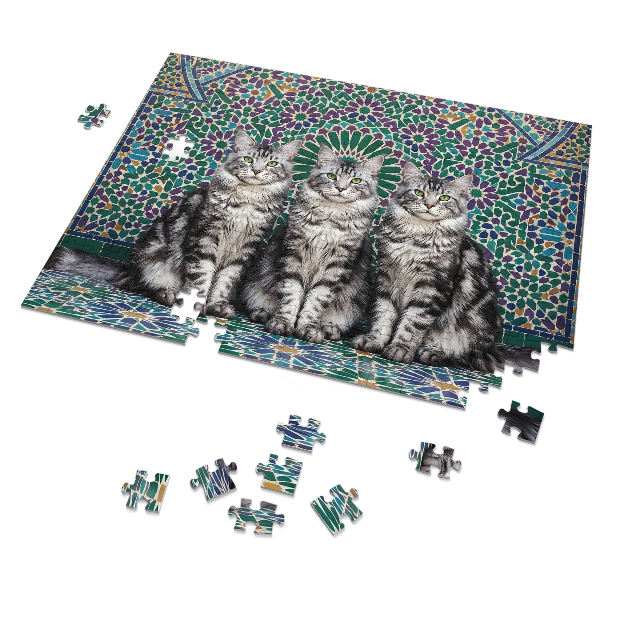 Silver Tabby Maine Coon Moroccan Mosaic Tile Jigsaw Puzzle
