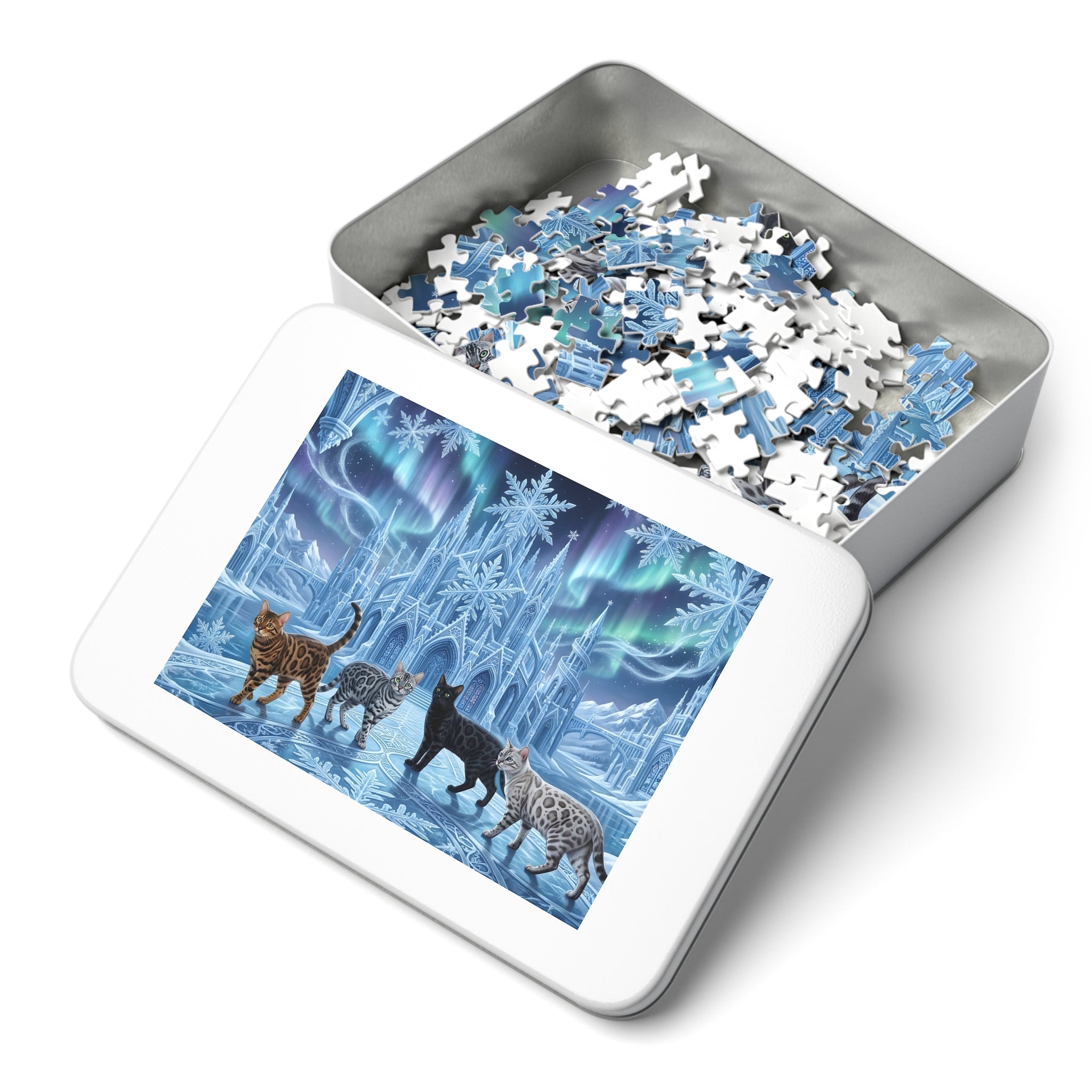 Bengal Cat Ice Palace Northern Lights Snowflake Jigsaw Puzzle