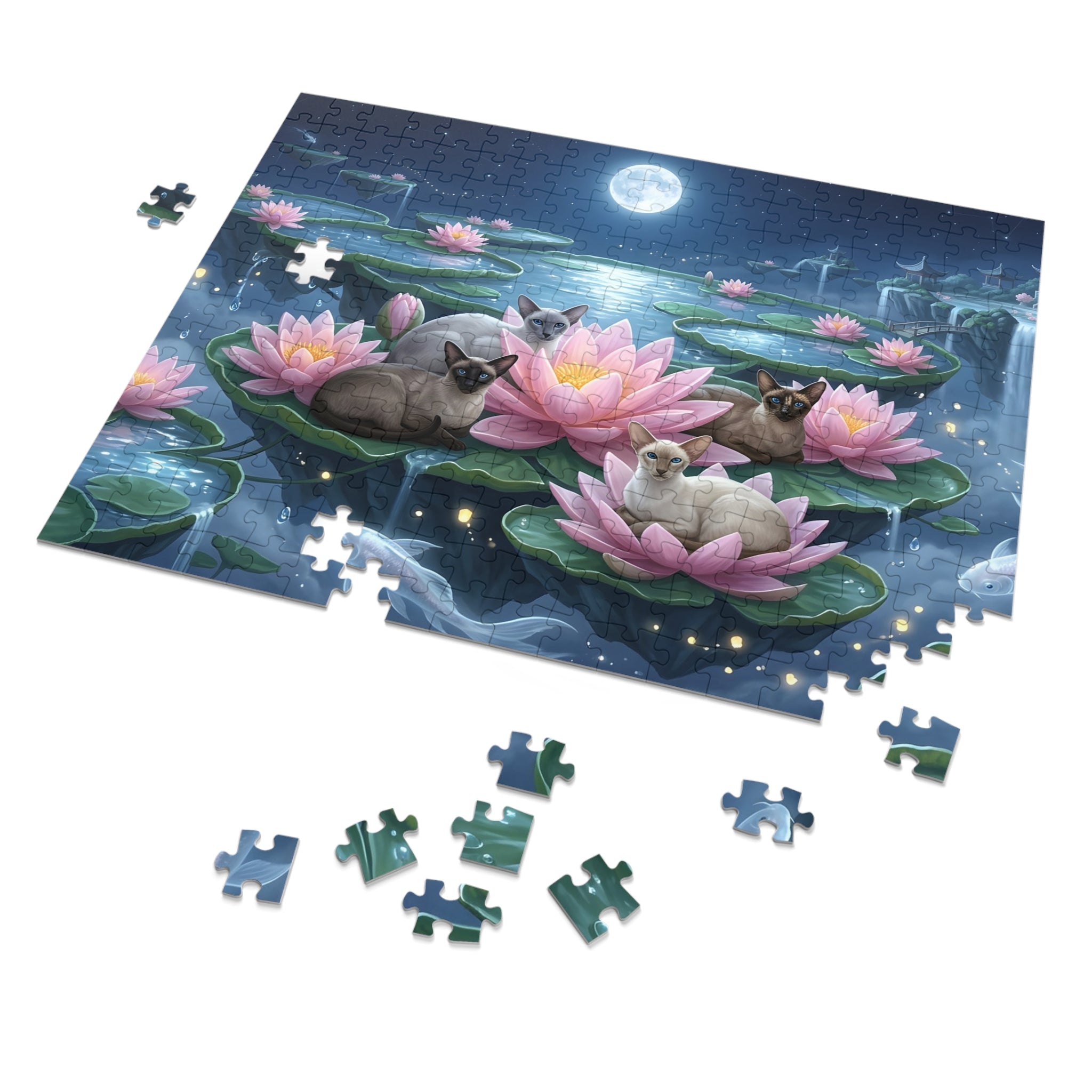 Siamese Cat Floating Lotus Water Lily Moonlight Lake Jigsaw Puzzle