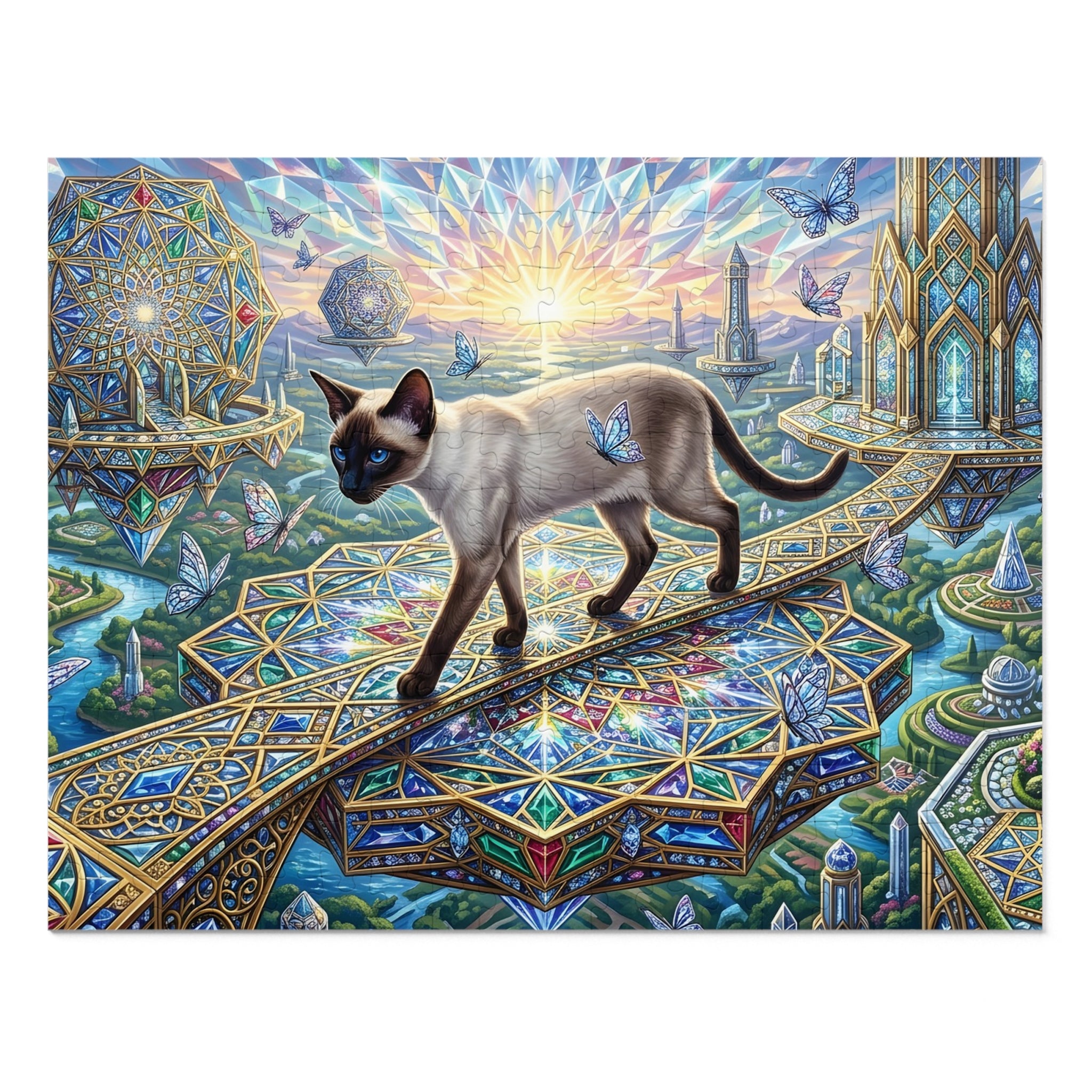 Siamese Cat Stained Glass Geometric Skybridge Jigsaw Puzzle