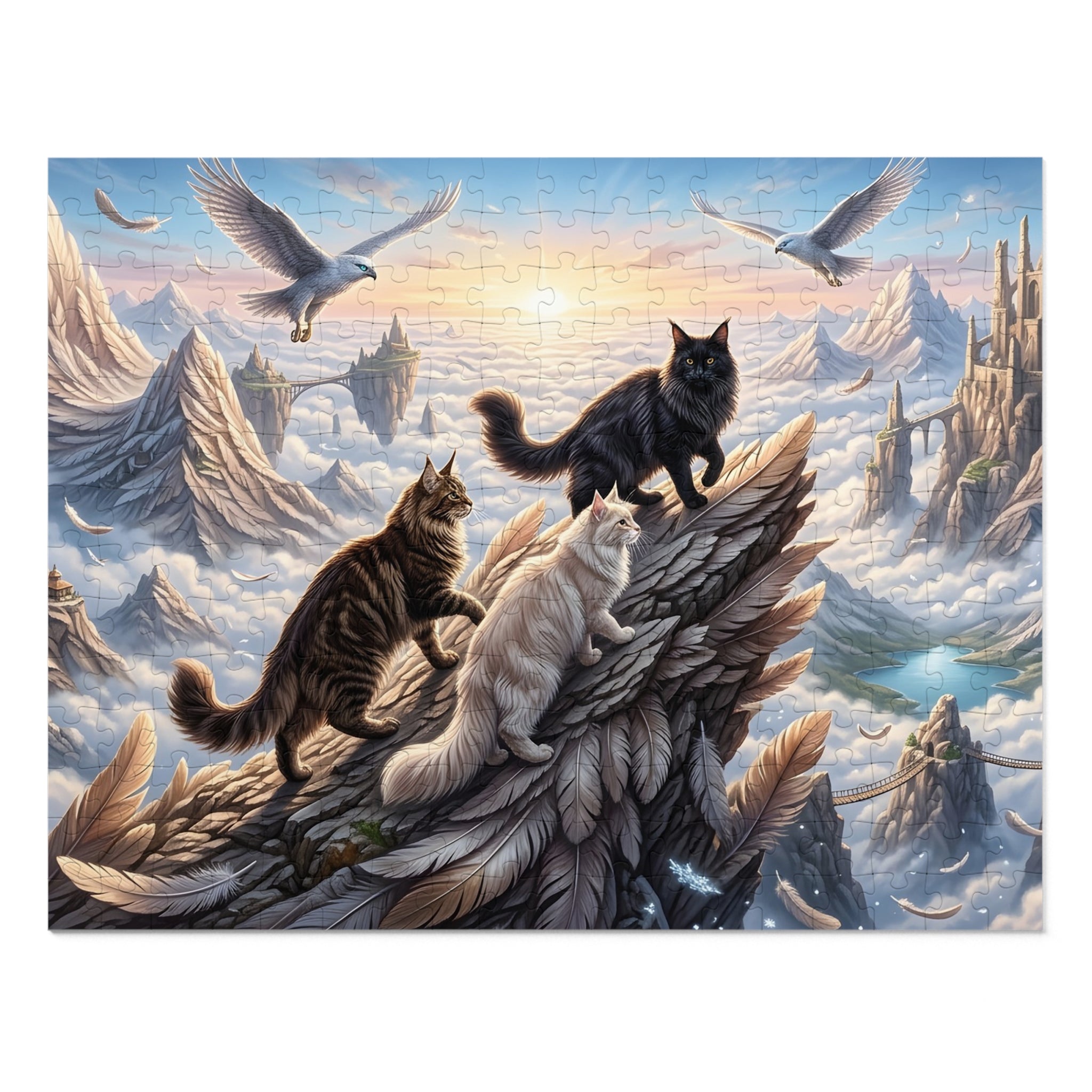 Maine Coon Cat Feather Mountain Cliff Falcons Cloud Castle Jigsaw Puzzle