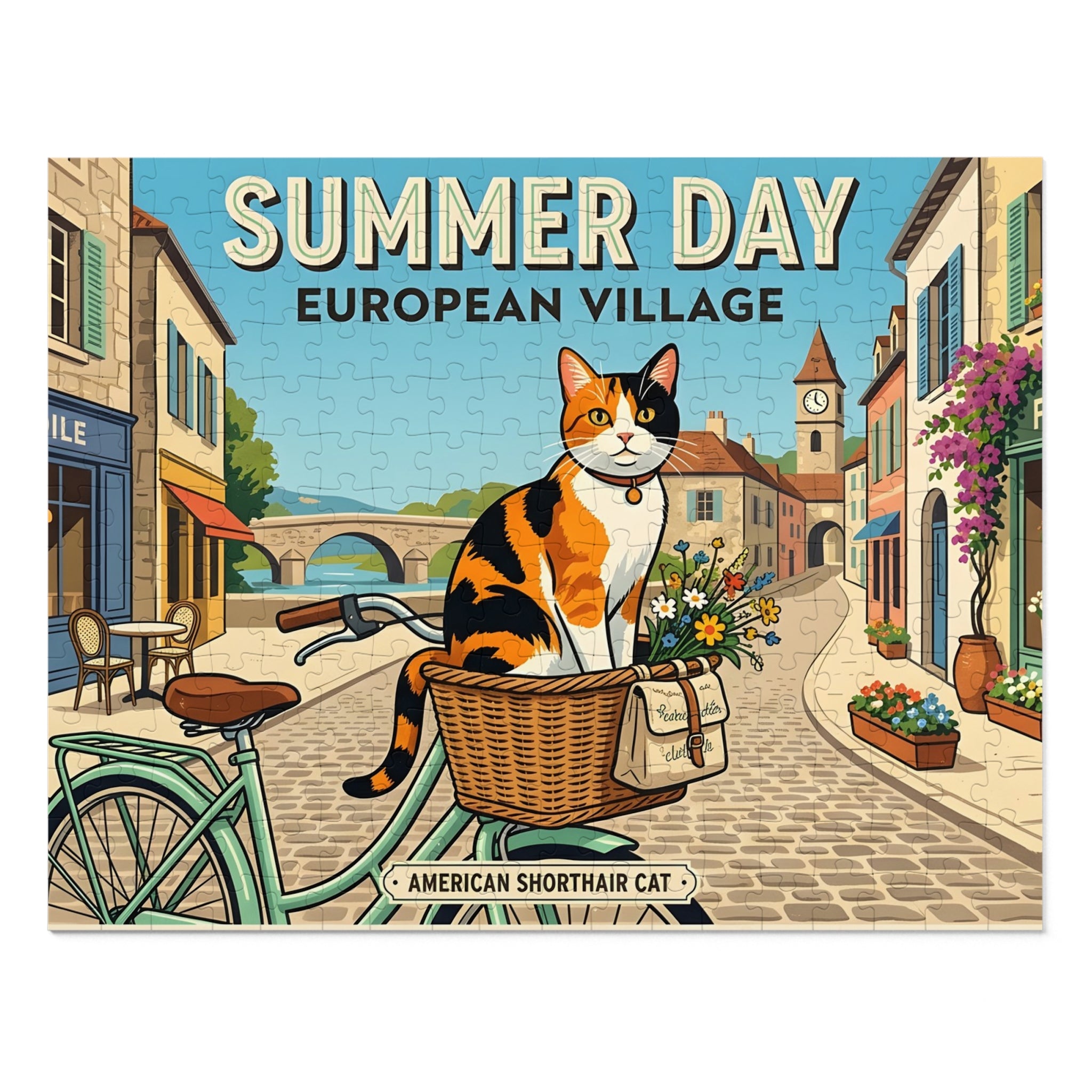 Calico American Shorthair Summer Day European Village Jigsaw Puzzle