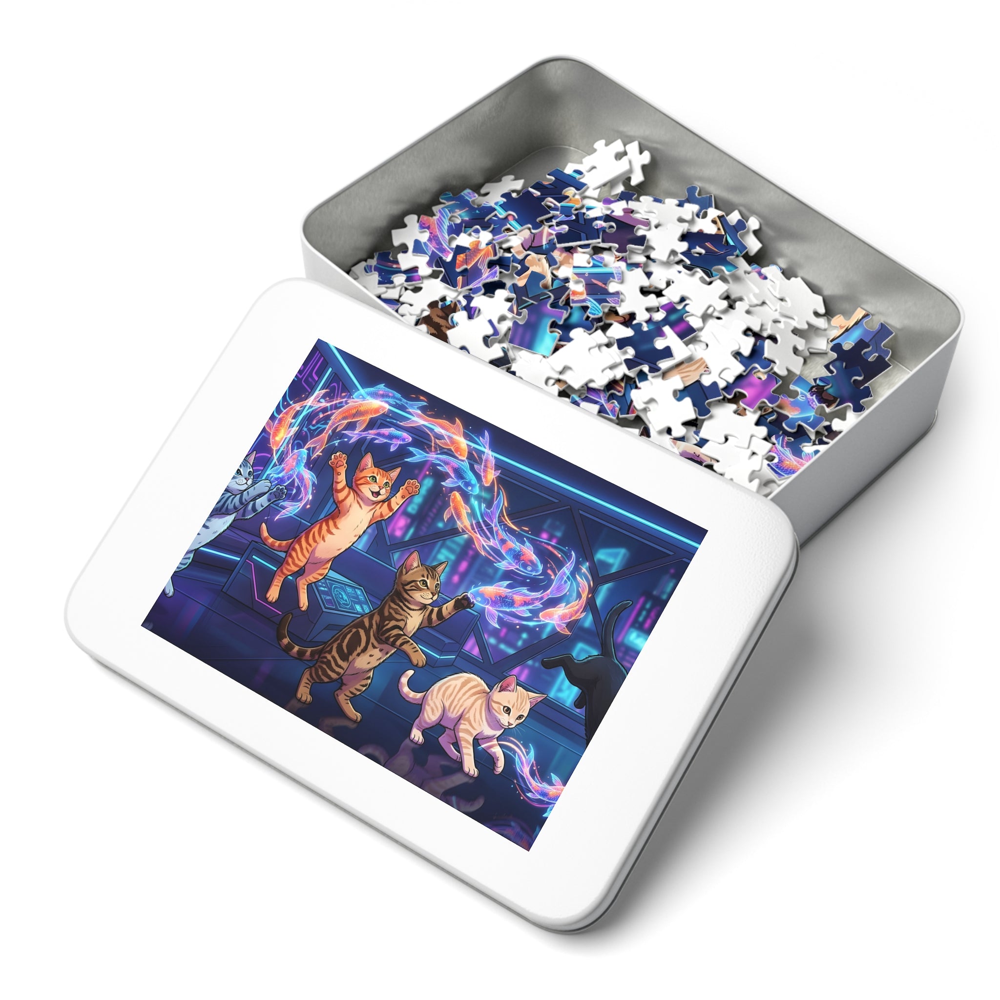 American Shorthair Cyberpunk Neon Glowing Koi Fish Jigsaw Puzzle