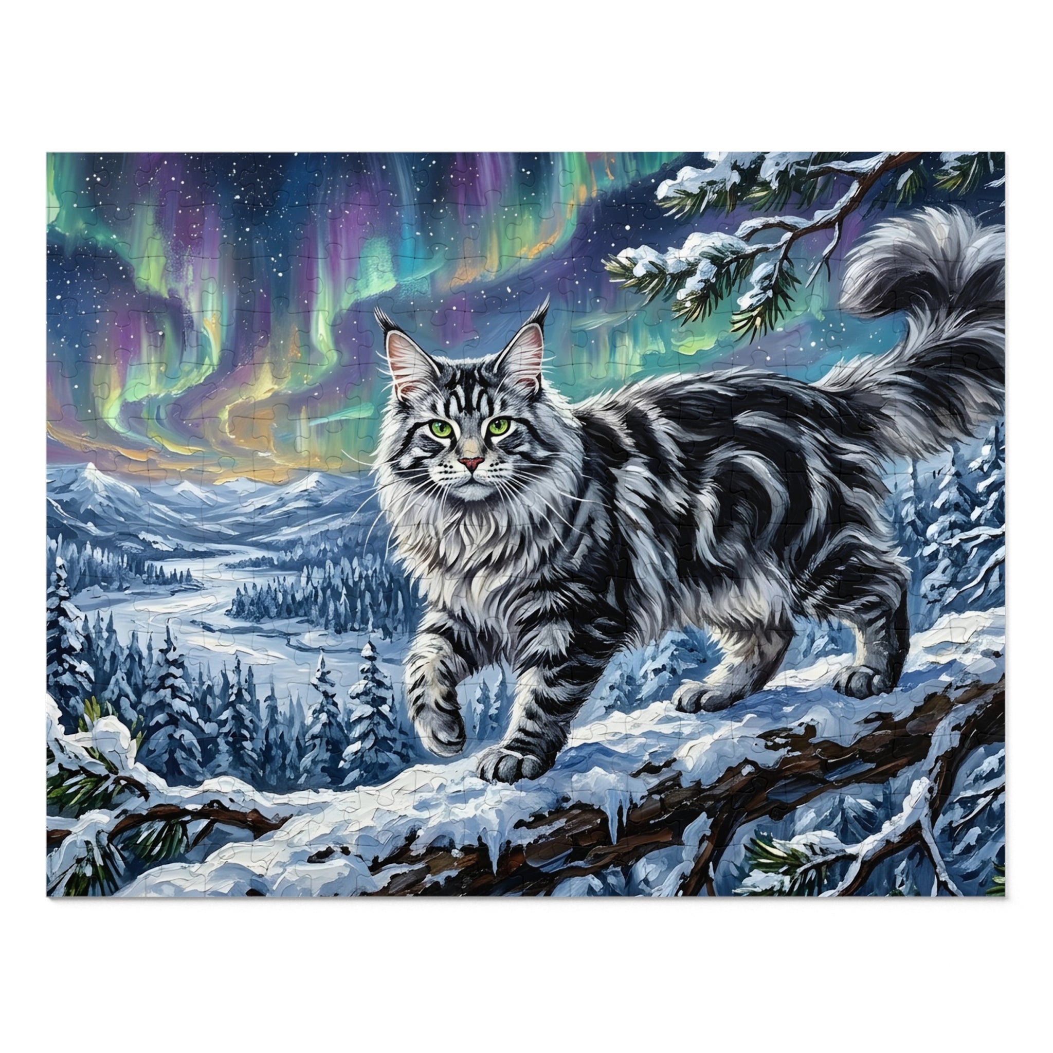 Silver Tabby Maine Coon Northern Lights Snowy Winter Jigsaw Puzzle