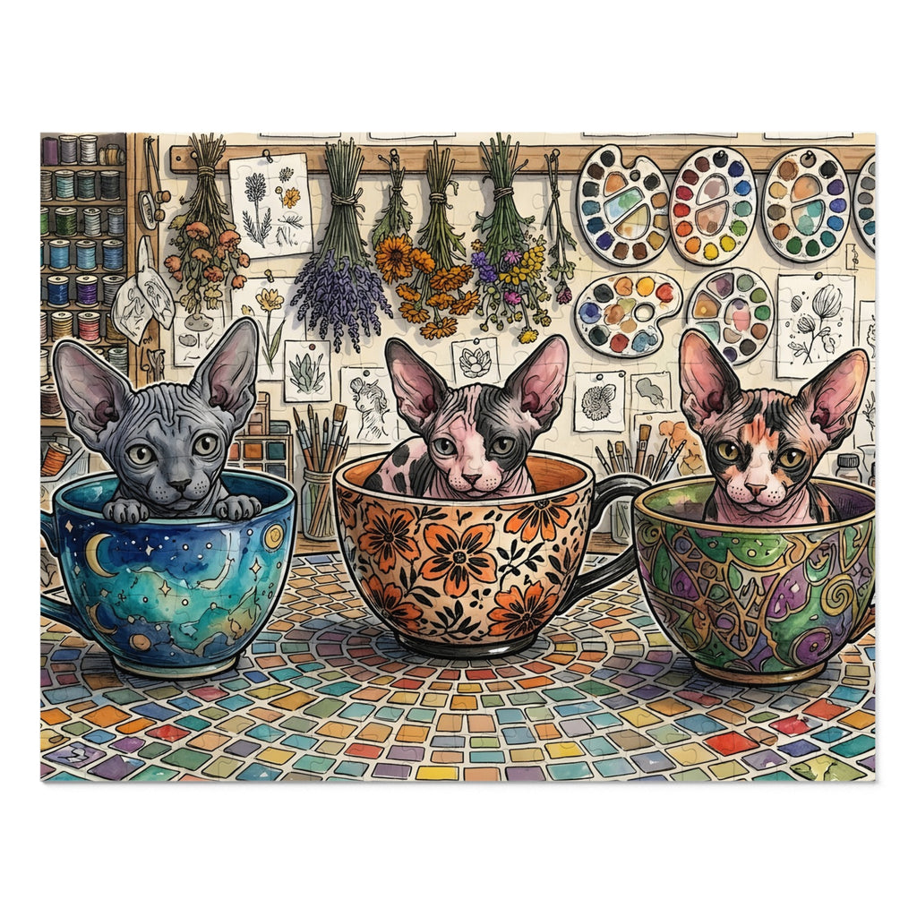 Grey, Calico, and Pink Sphynx Teacups Craft Room Jigsaw Puzzle