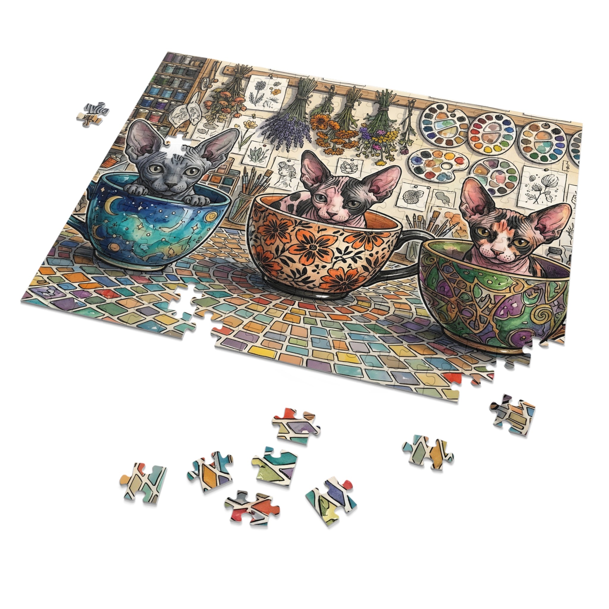 Grey, Calico, and Pink Sphynx Teacups Craft Room Jigsaw Puzzle