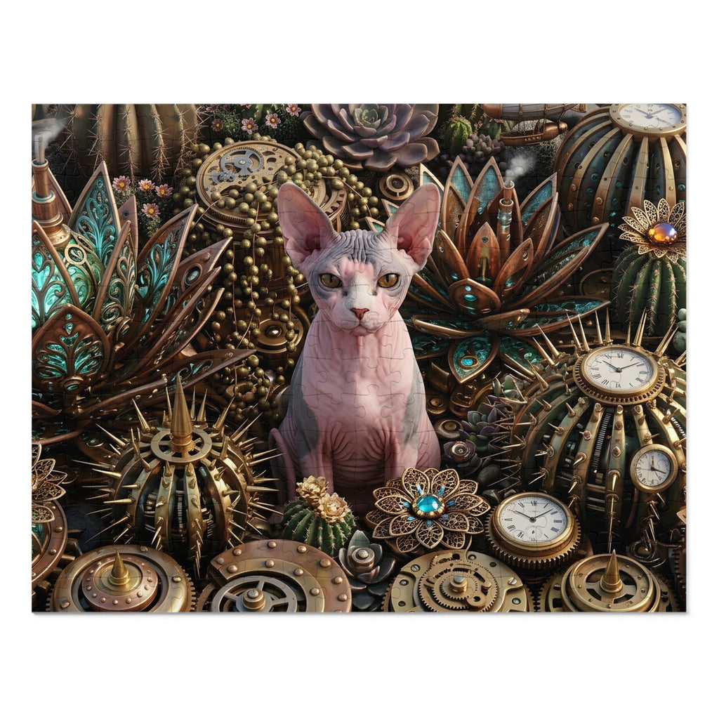 Pink and Grey Sphynx Steampunk Steampow Succulents Jigsaw Puzzle