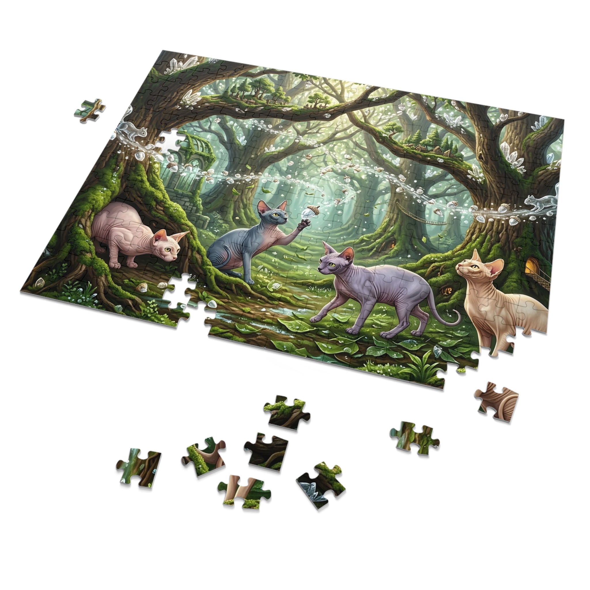 Sphynx Cat Enchanted Crystal Forest Acorn Jigsaw Puzzle
