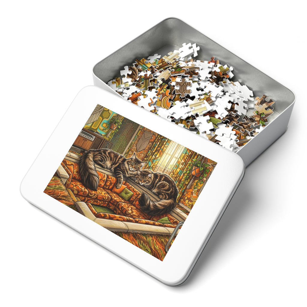 Brown Tabby Maine Coon 70s Retro Sunken Living Room Jigsaw Puzzle