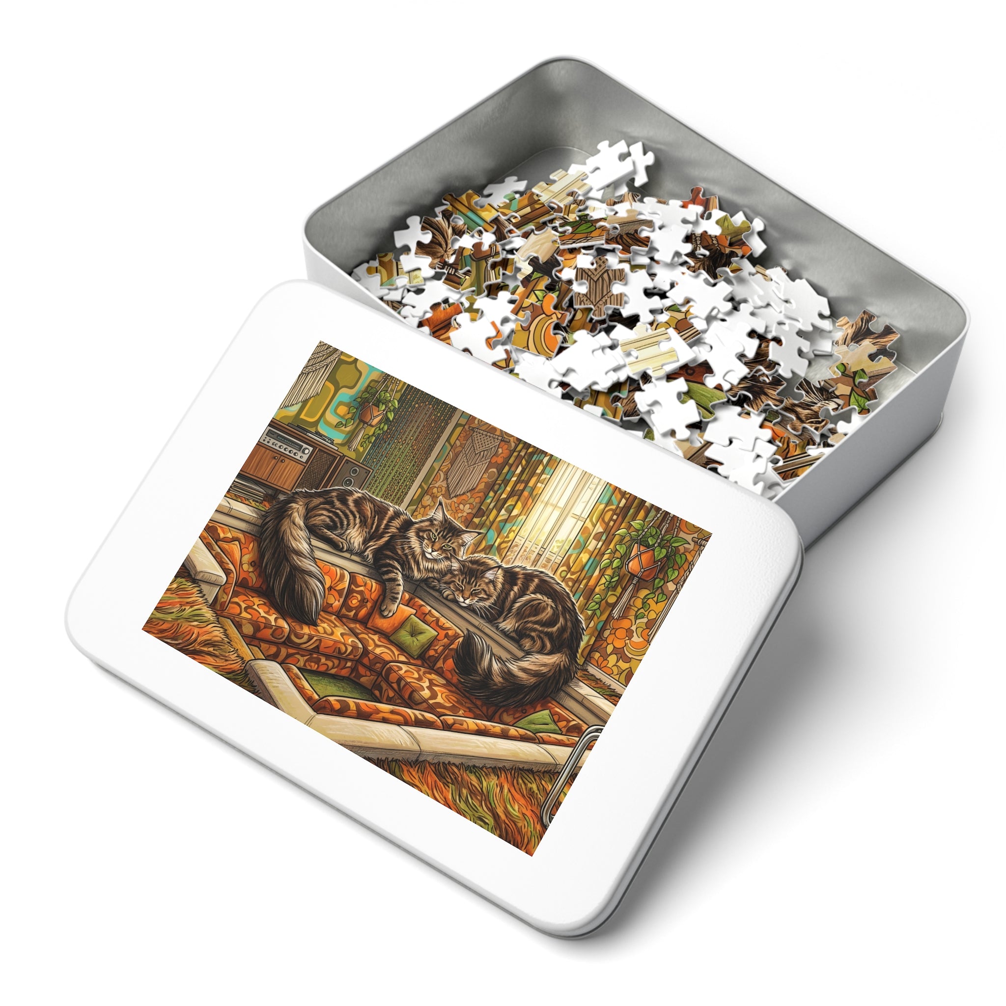 Brown Tabby Maine Coon 70s Retro Sunken Living Room Jigsaw Puzzle