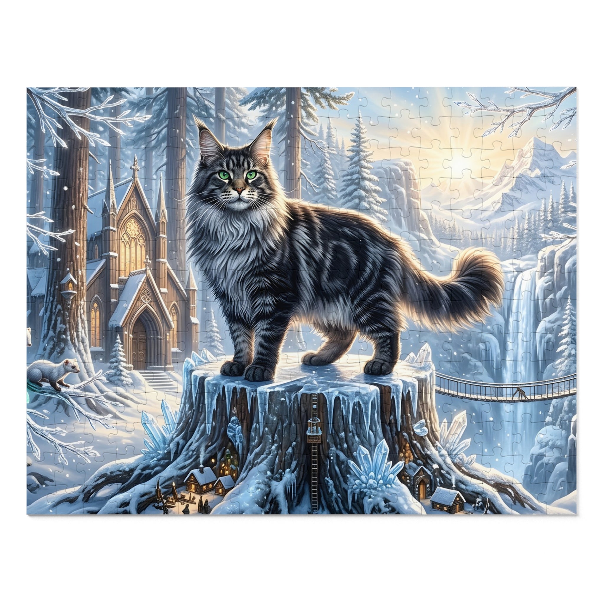 Maine Coon Cat Winter Forest Tree Stump Village Chapel Jigsaw Puzzle