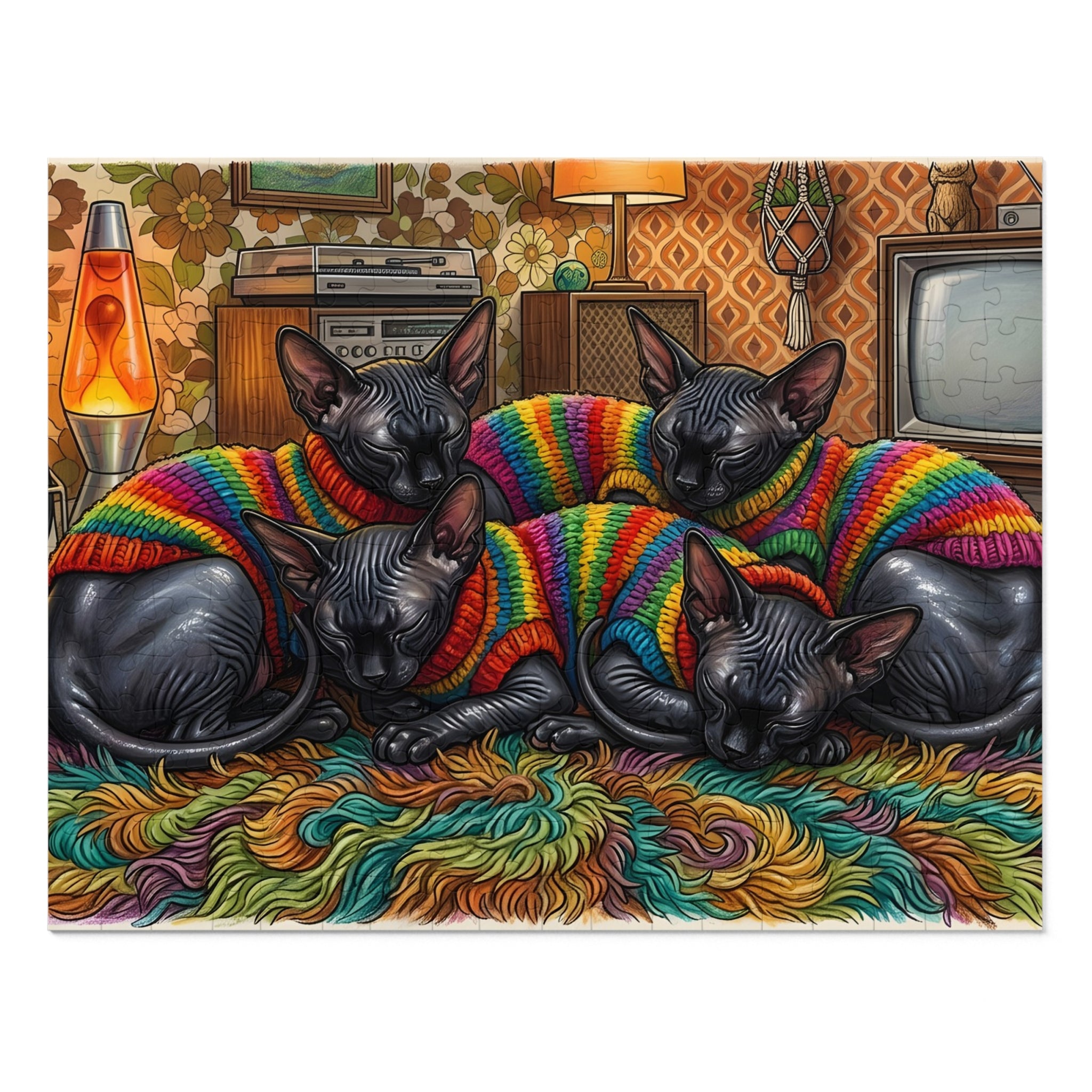 Black Sphynx Rainbow Knit Sweaters Retro Living Room Jigsaw Puzzle