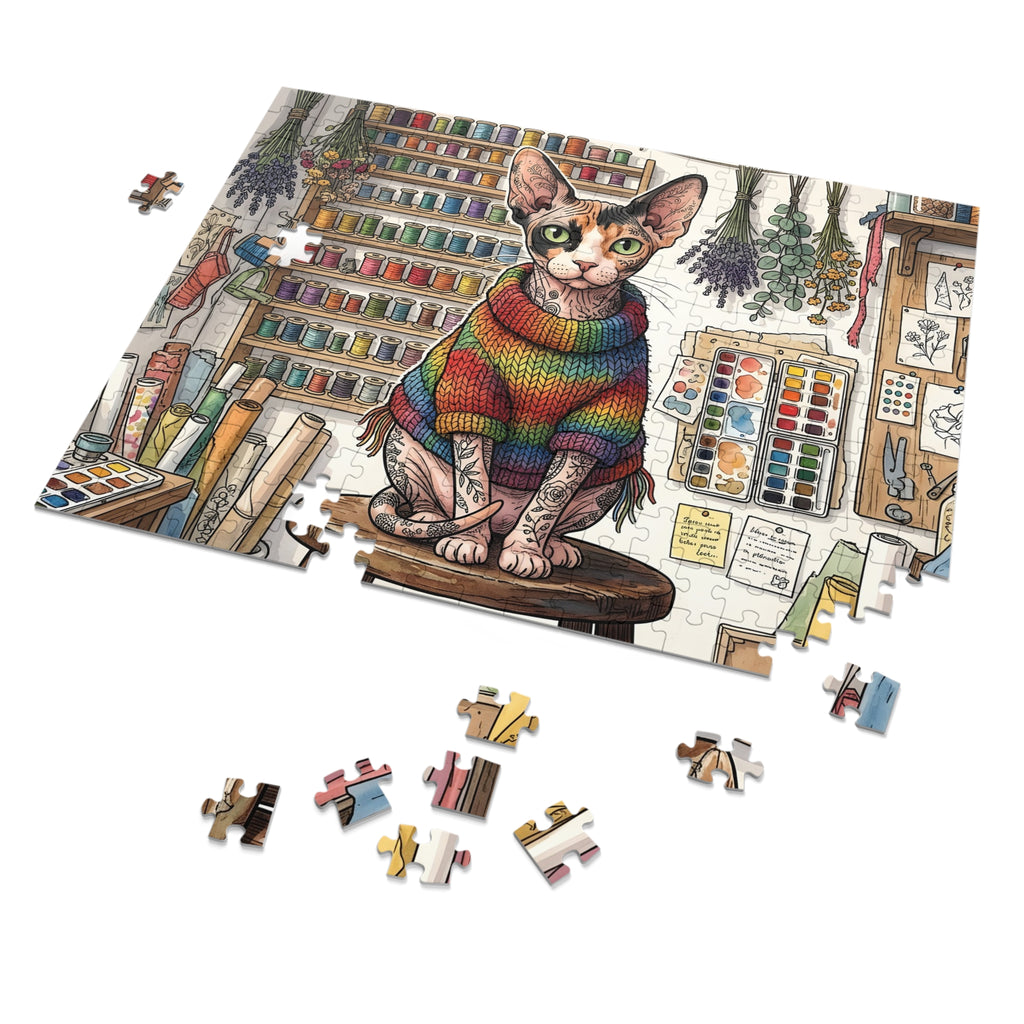 Calico Sphynx Rainbow Knit Sweater Craft Room Jigsaw Puzzle