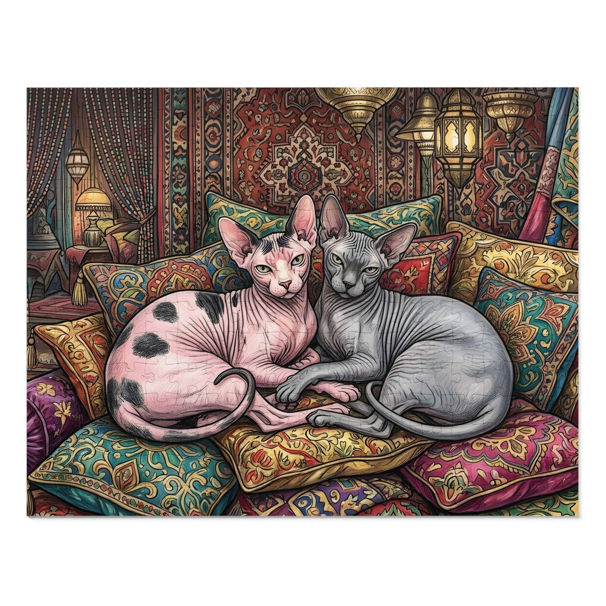 Pink Calico and Grey Sphynx Moroccan Lounge Pillows Jigsaw Puzzle