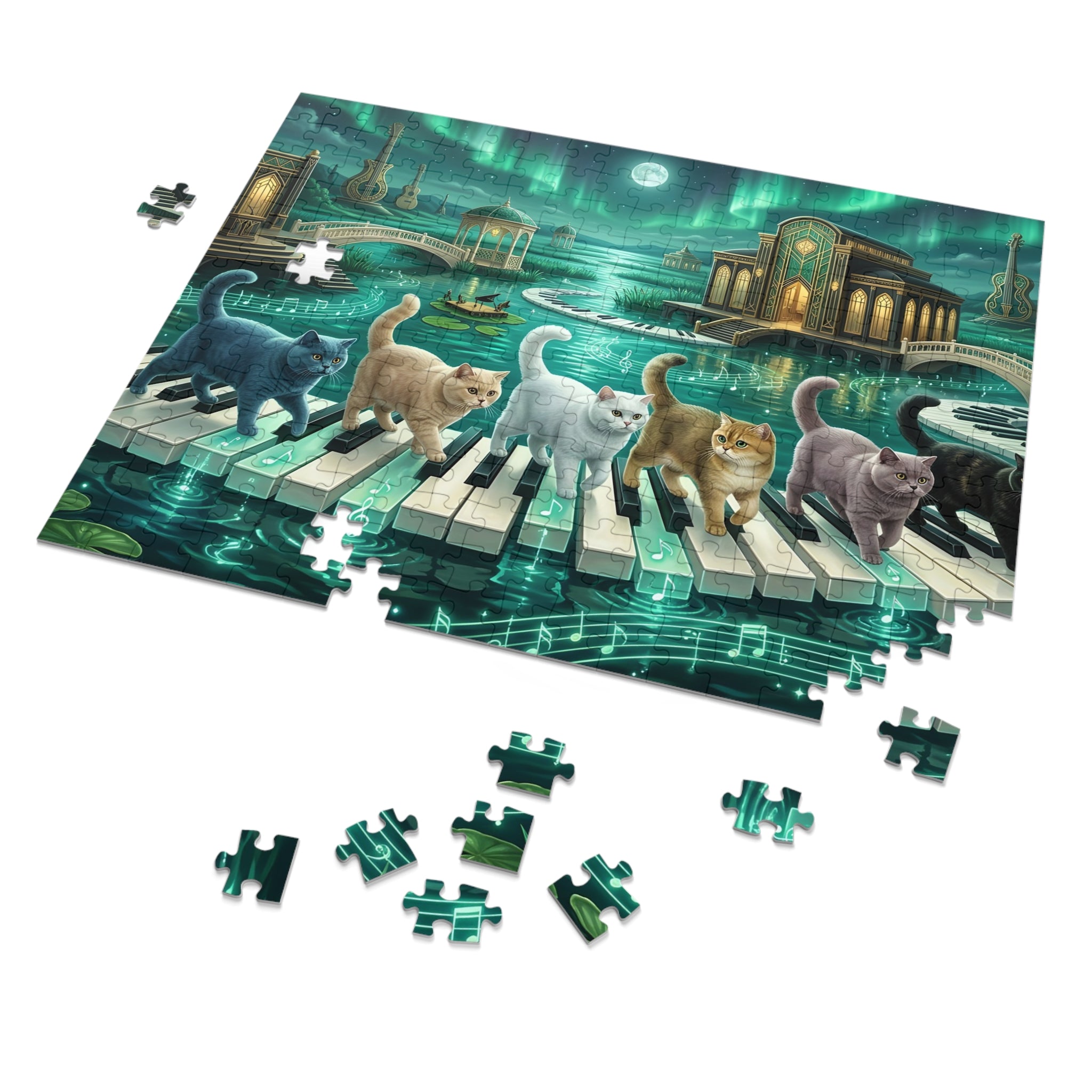 British Shorthair Emerald Aurora Piano Lake Jigsaw Puzzle