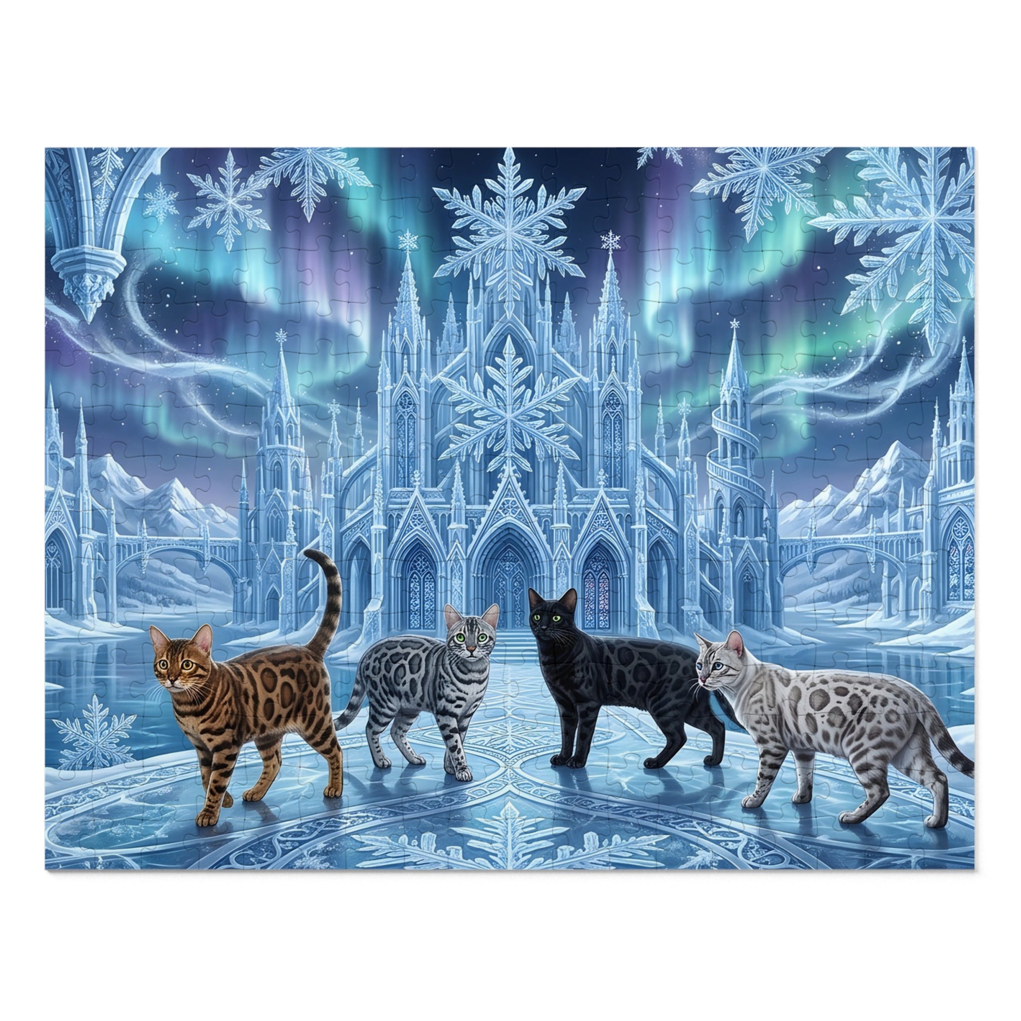 Bengal Cat Ice Palace Northern Lights Snowflake Jigsaw Puzzle