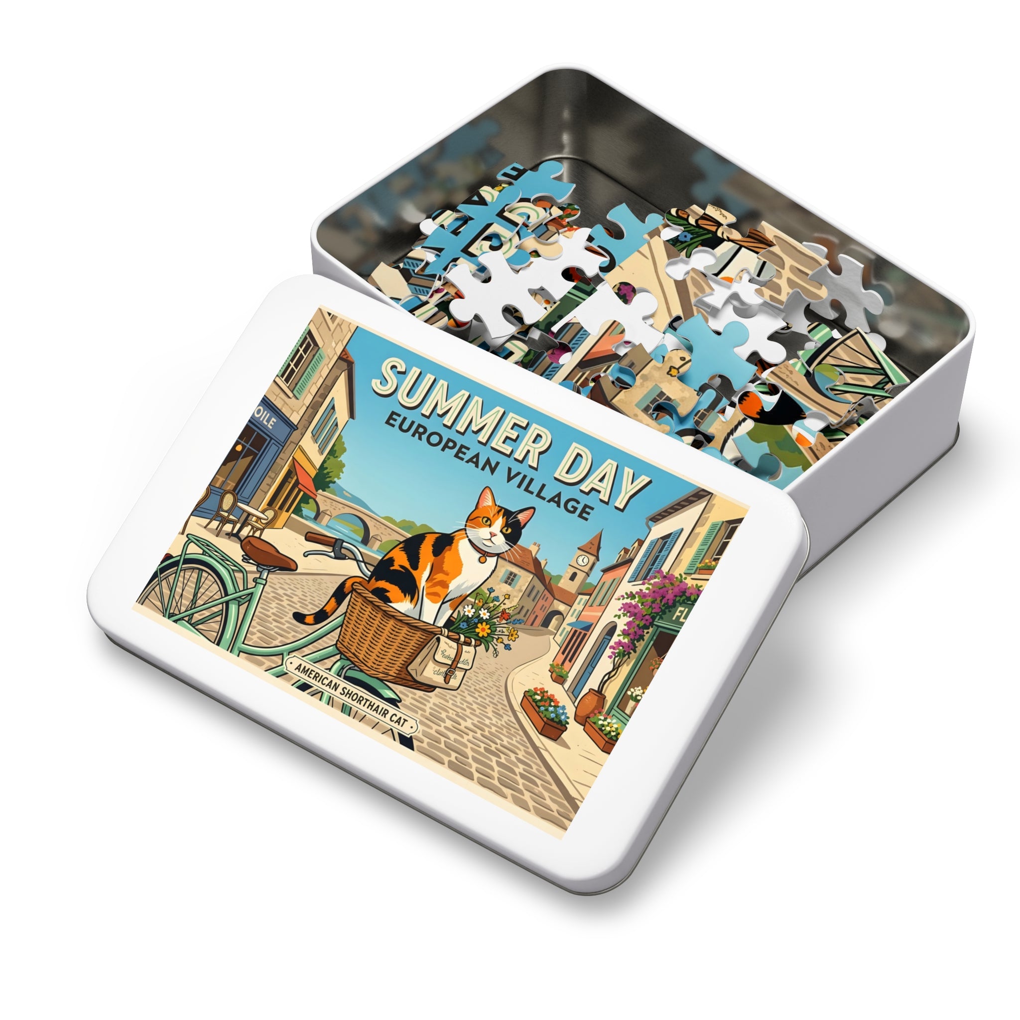Calico American Shorthair Summer Day European Village Jigsaw Puzzle
