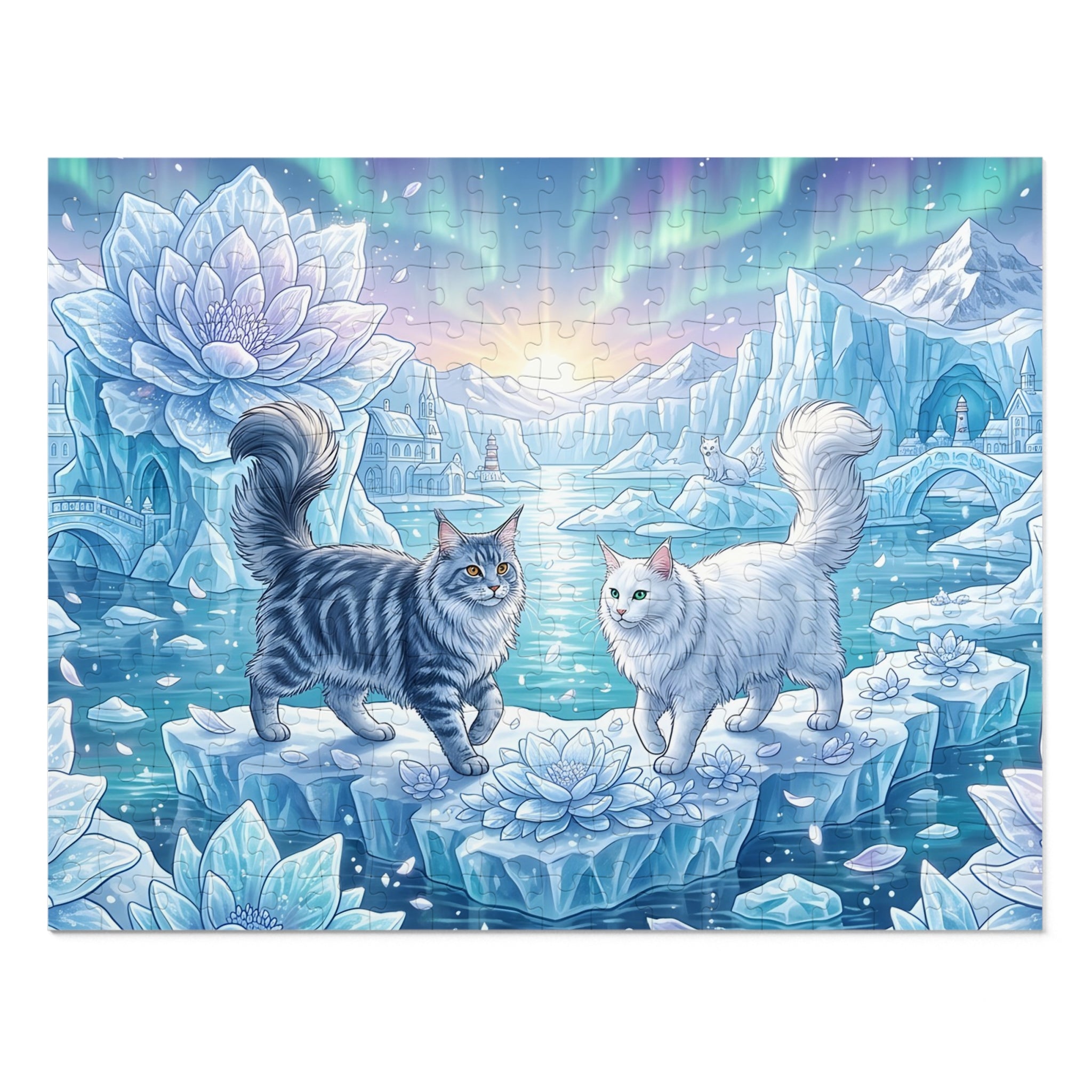 Maine Coon Cat Ice Lotus Aurora Northern Lights Arctic Iceberg Jigsaw Puzzle