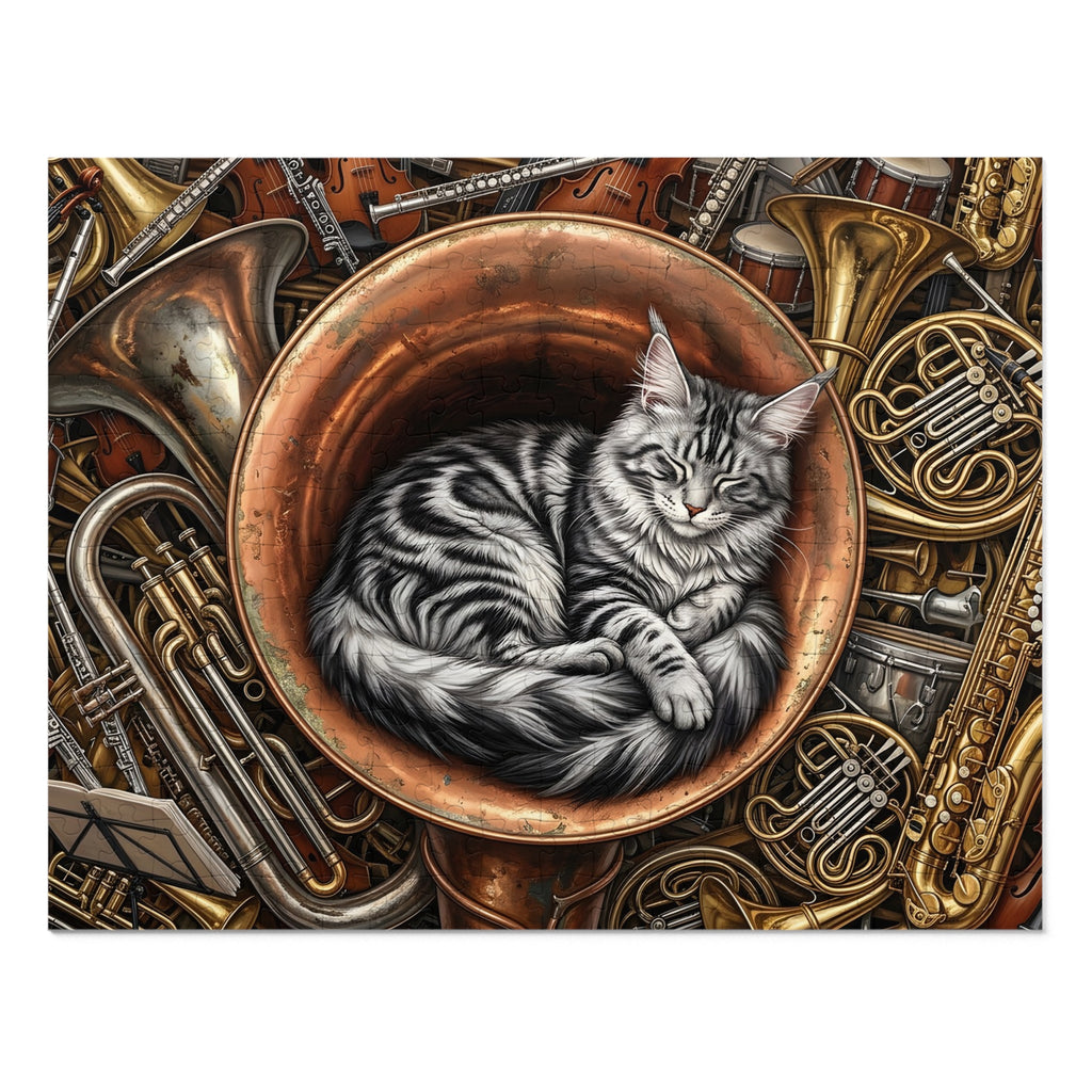 Silver Tabby Maine Coon Brass Tuba Musical Instruments Jigsaw Puzzle